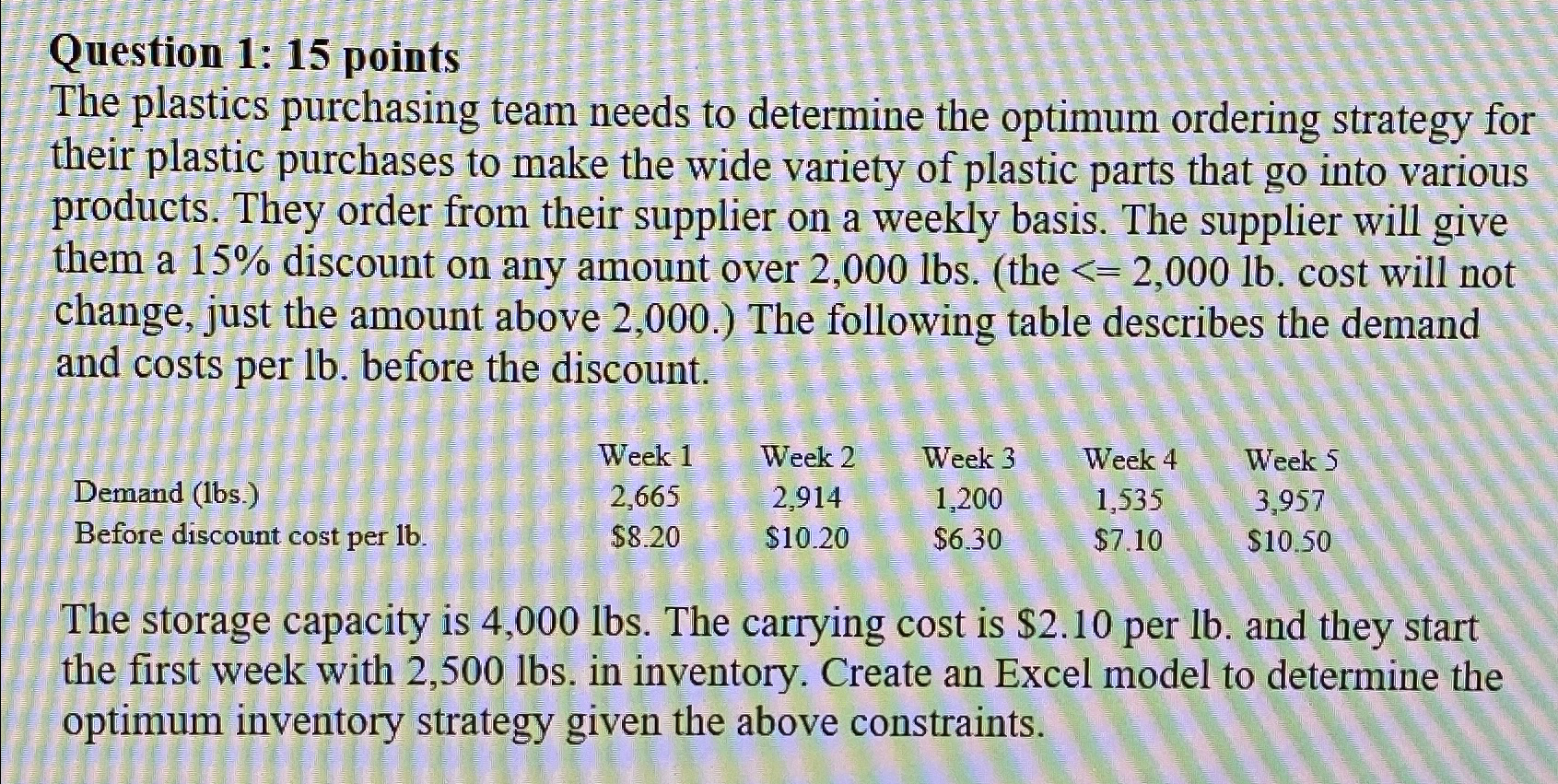  Question 1: 15 points The plastics purchasing team needs to determine