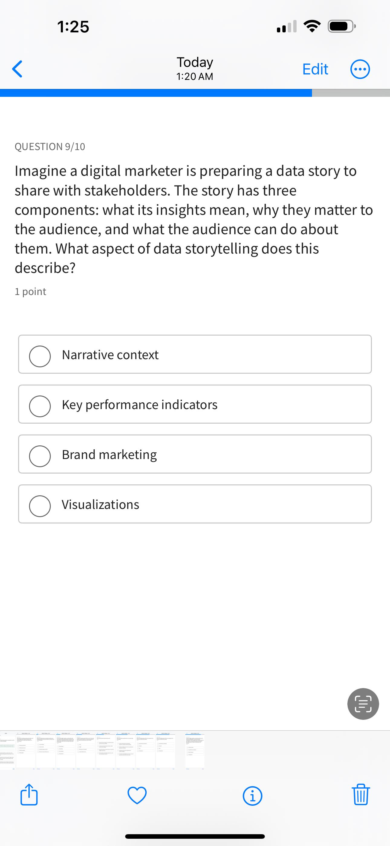  1:25 Today 1:20 AM Edit QUESTION 9/10 Imagine a digital marketer