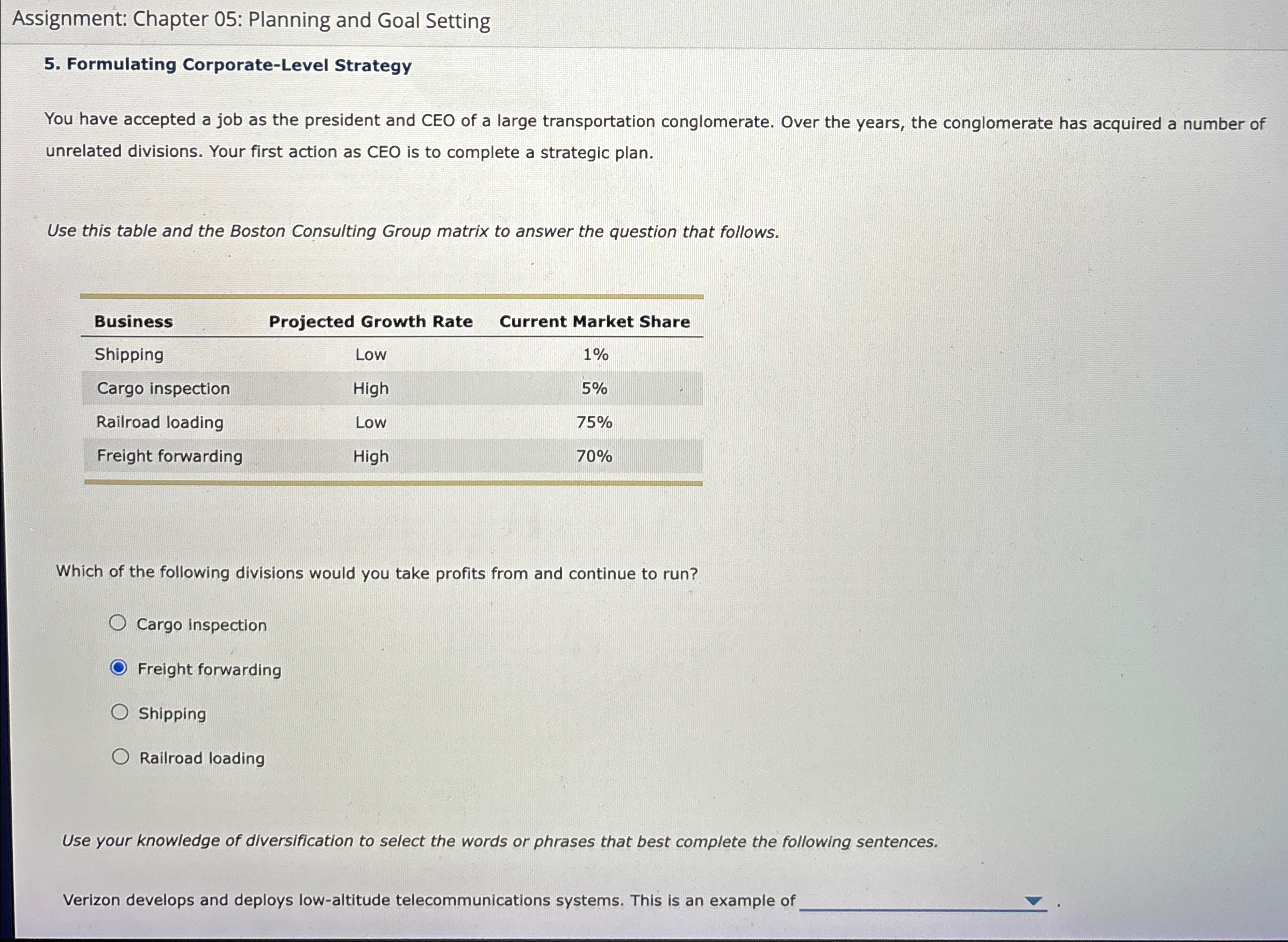  Assignment: Chapter 05: Planning and Goal Setting 5. Formulating Corporate-Level Strategy