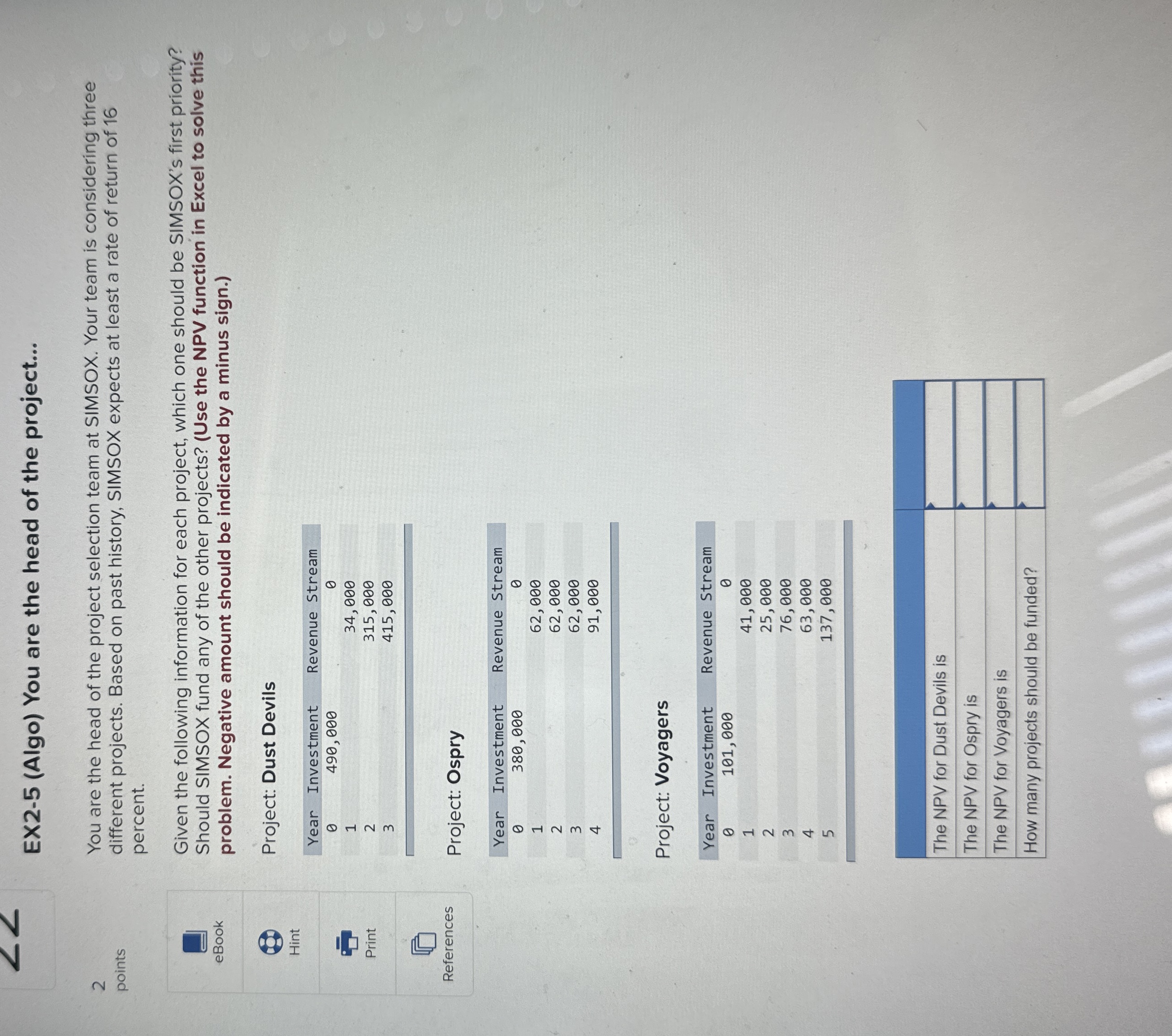  EX2-5(Algo) You are the head of the project... 2 points You