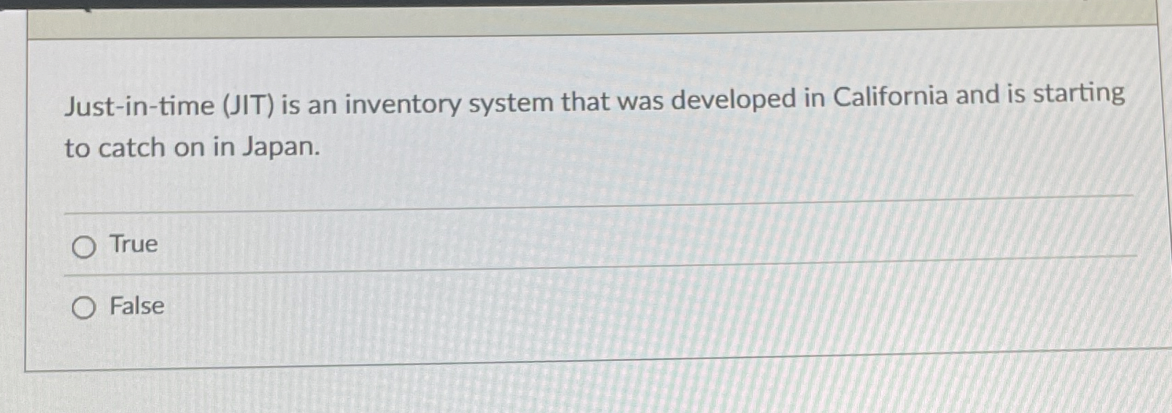  Just-in-time (JIT) is an inventory system that was developed in California