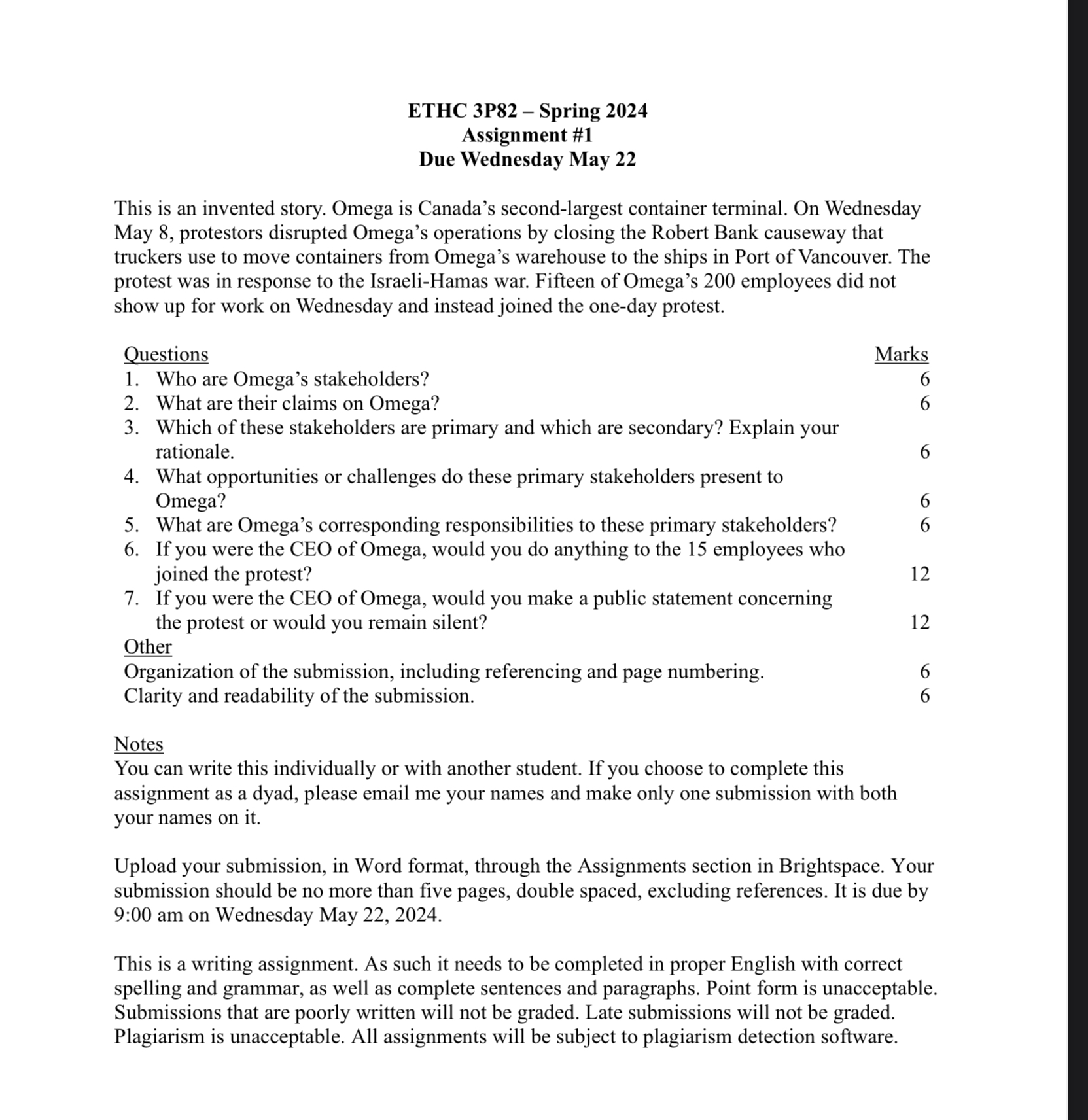  ETHC 3P82- Spring 2024 Assignment #1 Due Wednesday May 22 This