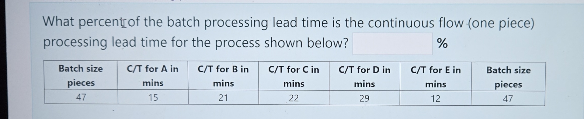  What percentrof the batch processing lead time is the continuous flow