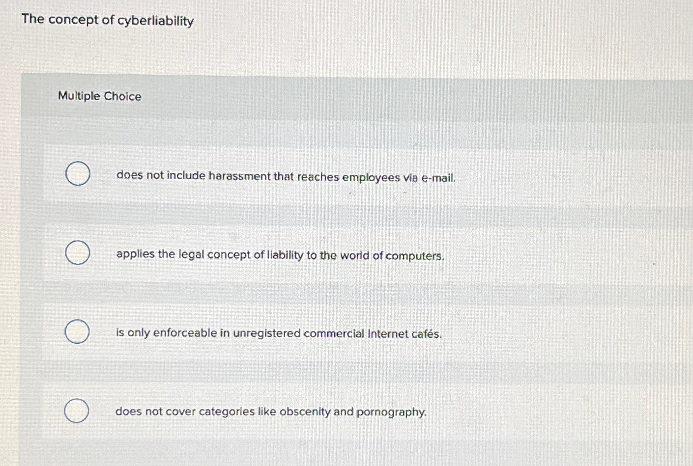  The concept of cyberliability Multiple Choice does not include harassment that