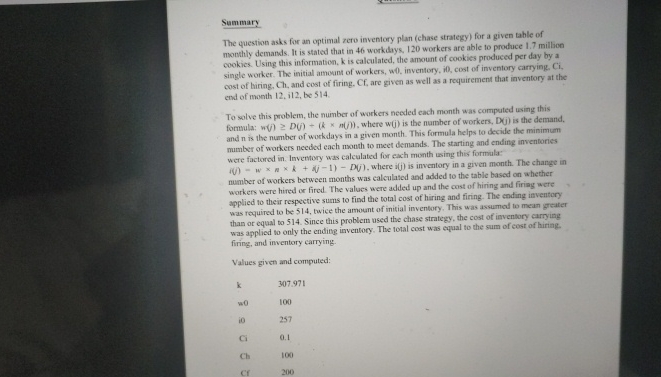  Summary The question asks for an optimal zero inventory plan (chase