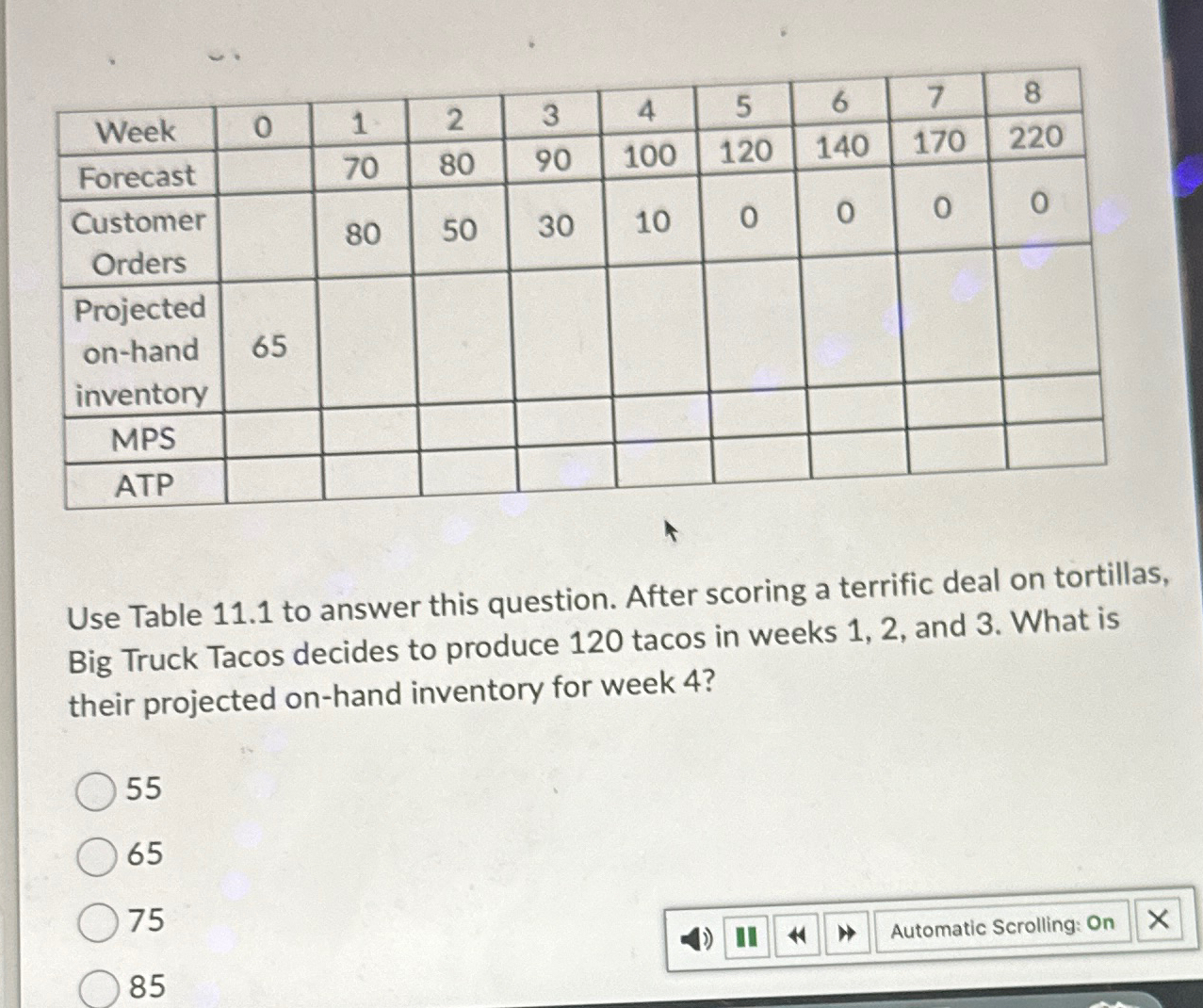  \table[[Week,0,1,2,3,4,5,6,7,8],[Forecast,70,80,90,100,120,140,170,220,],[\table[[Customer],[Orders]],,80,50,30,10,0,0,0,0],[\table[[Projected],[on-hand],[inventory]],65,,,,,,,,],[MPS,,,,,,,,,],[ATP,,,,,,,,,]] Use Table 11.1 to answer this question. After scoring a