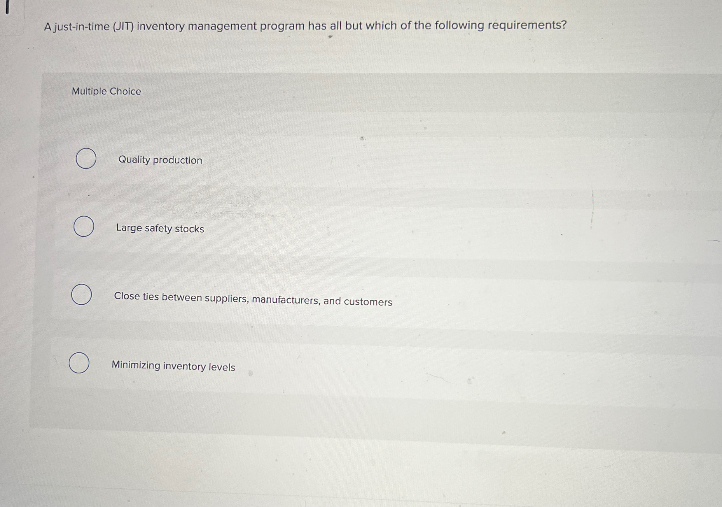  A just-in-time (IT) inventory management program has all but which of
