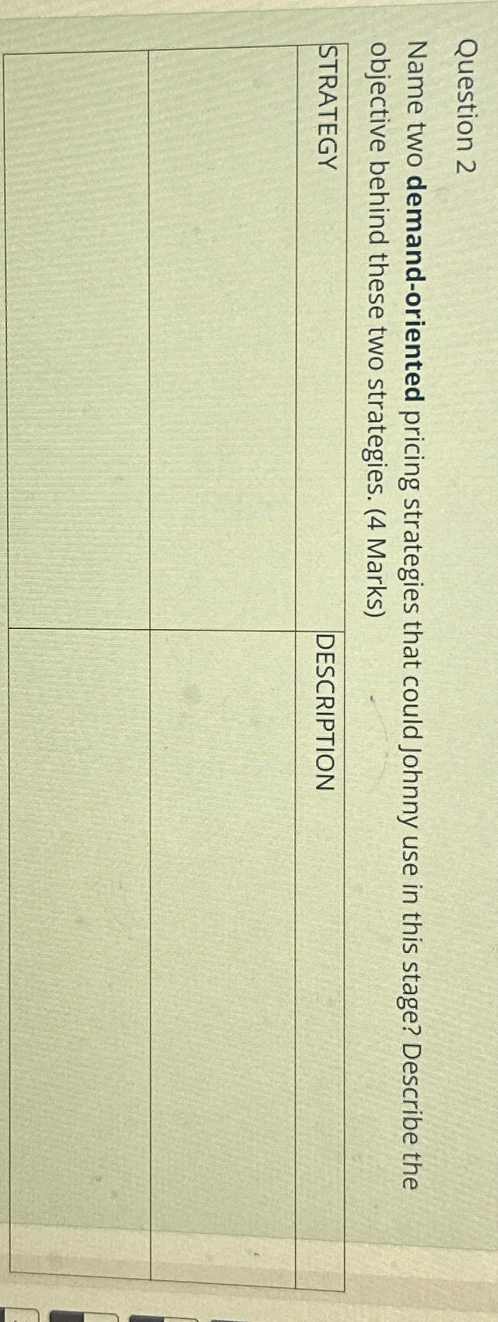  Question 2 Name two demand-oriented pricing strategies that could Johnny use