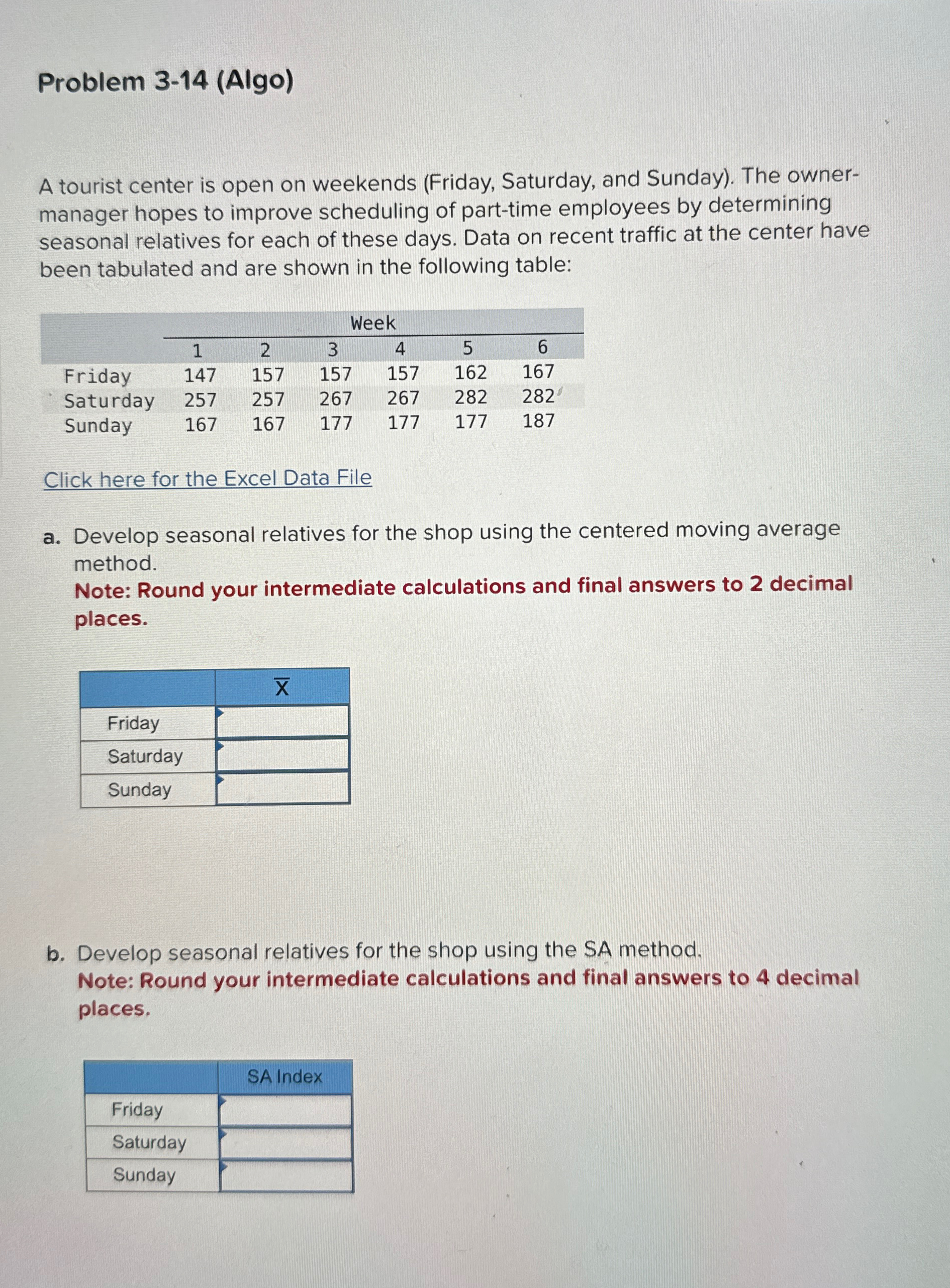  Problem 3-14(Algo) A tourist center is open on weekends (Friday, Saturday,