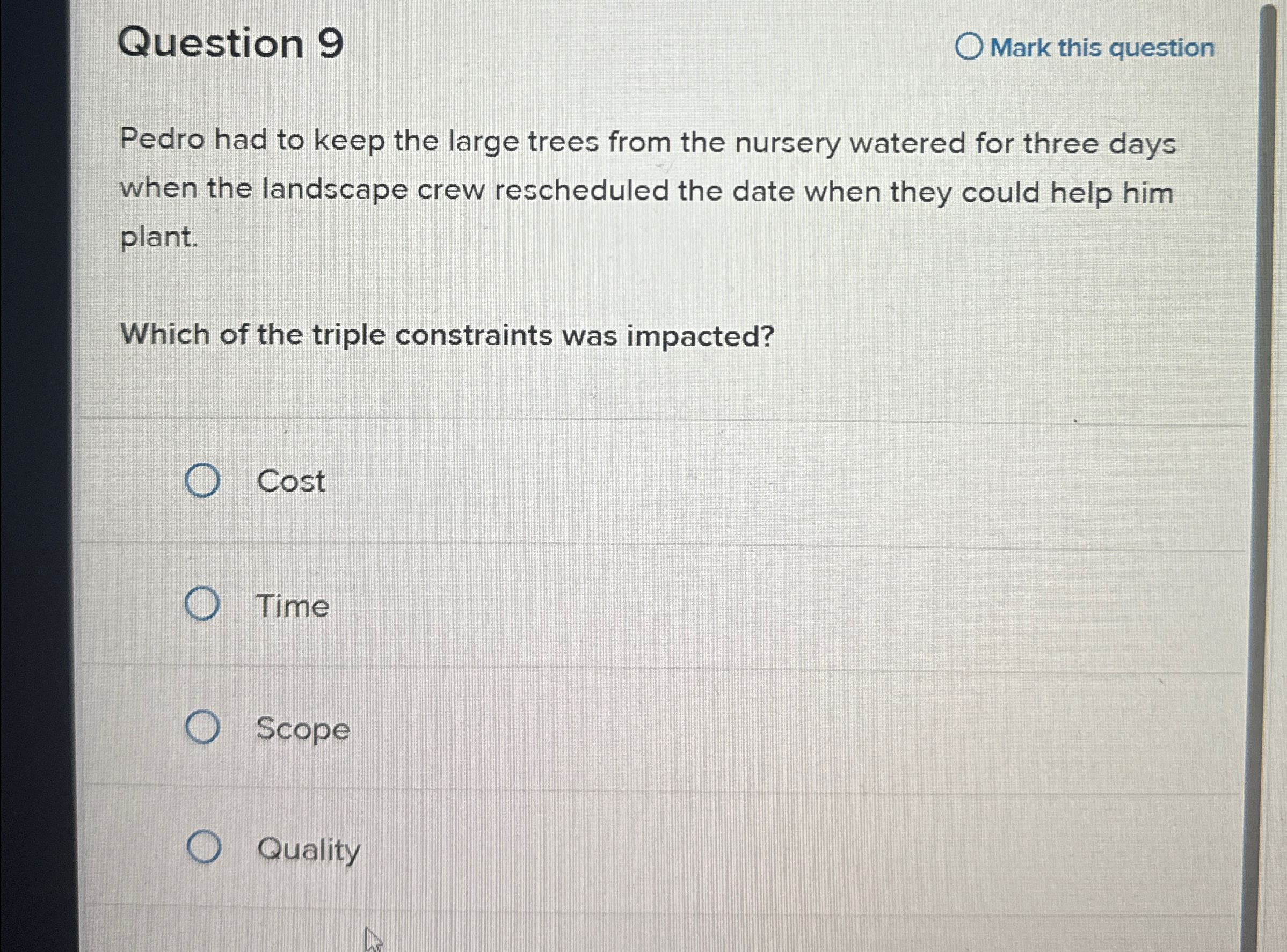  Question 9 Mark this question Pedro had to keep the large