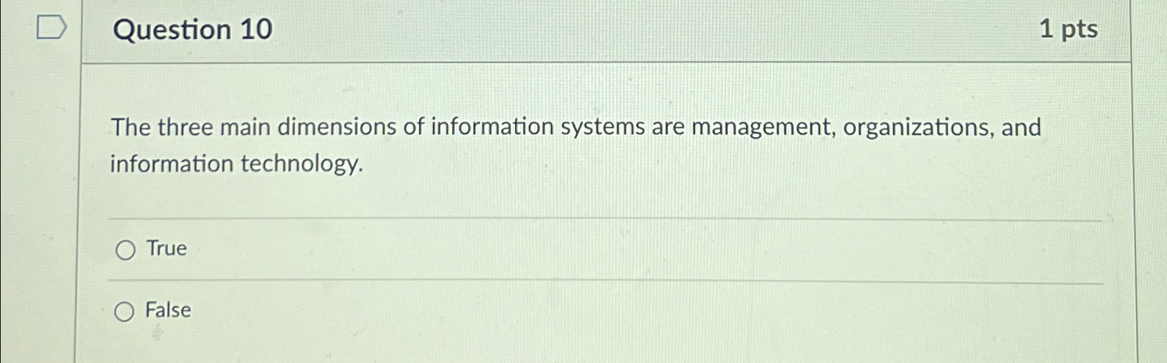  Question 10 1pts The three main dimensions of information systems are