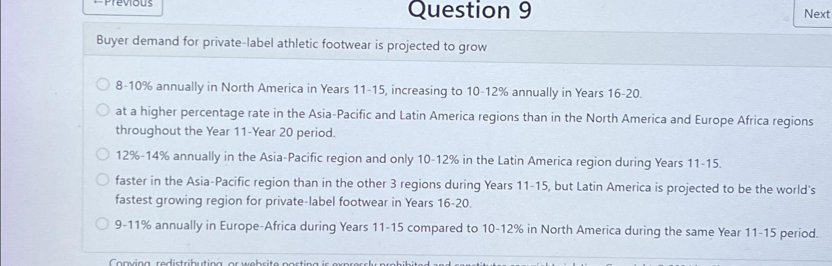  Question 9 Next Buyer demand for private-label athletic footwear is projected