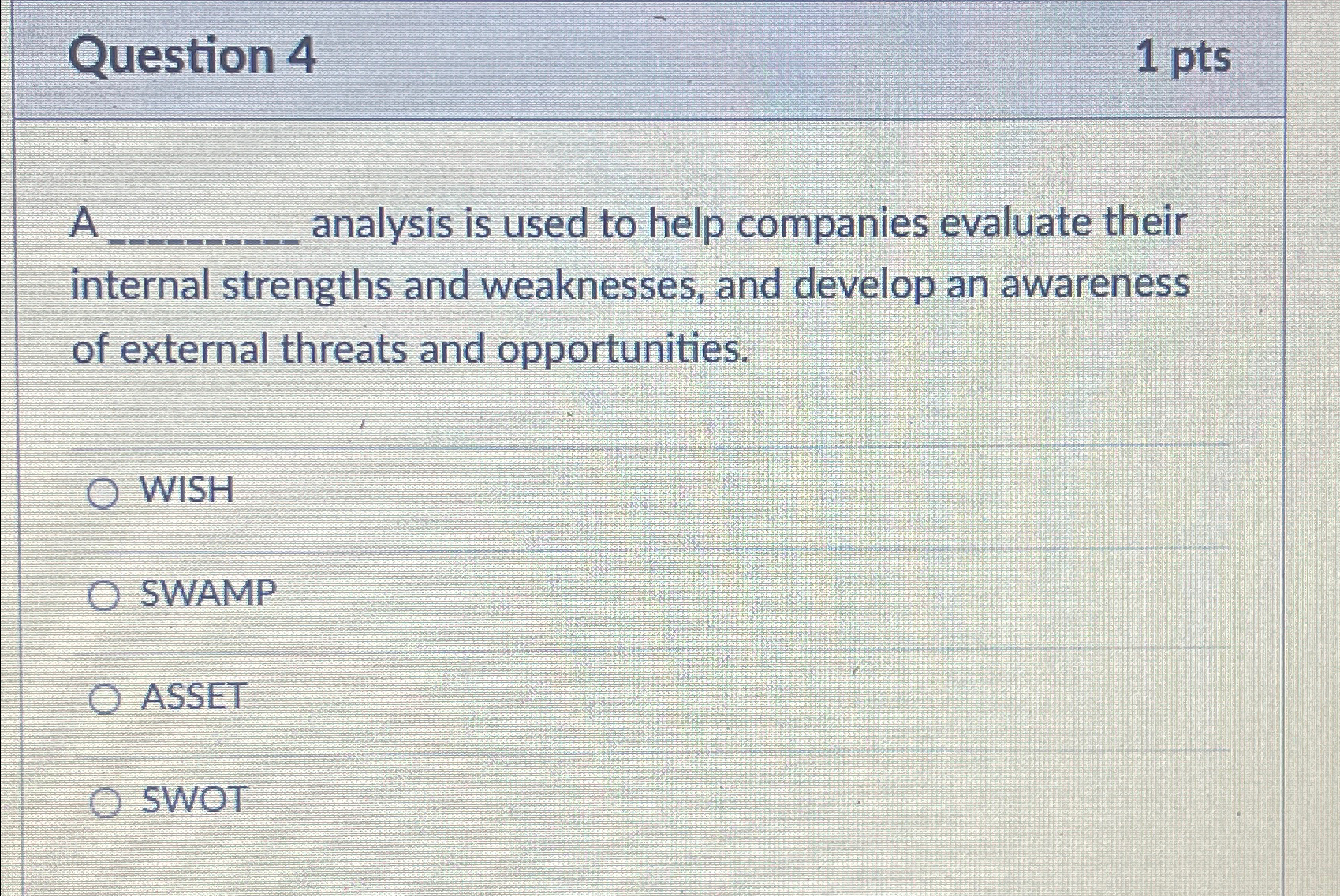  Question 4 1 pts A analysis is used to help companies