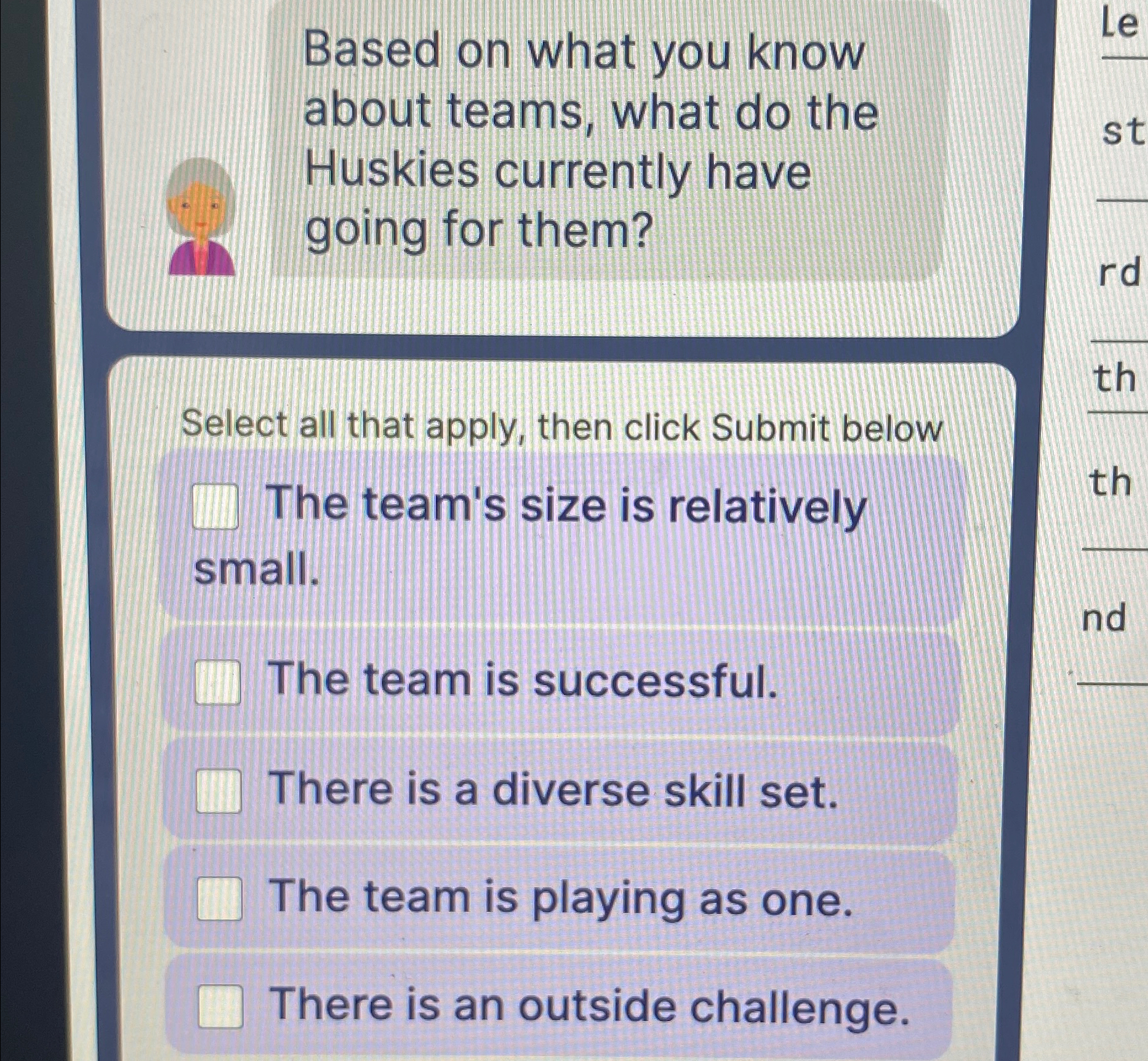  Based on what you know about teams, what do the Huskies