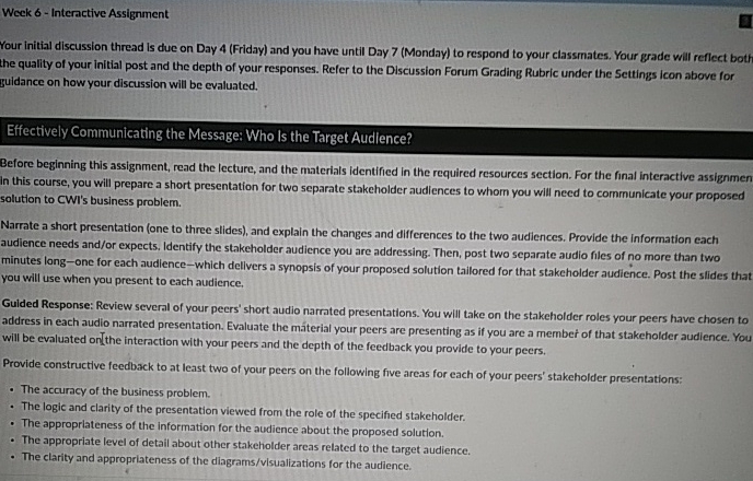  Week 6- Interactive Assignment Your initial discussion thread is due on