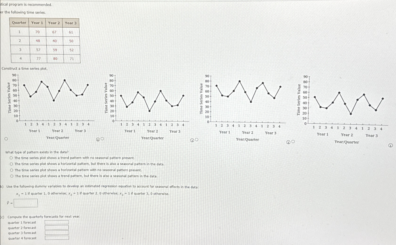  tical program is recommended. er the following time series. \table[[Quarter,Year 1,Year