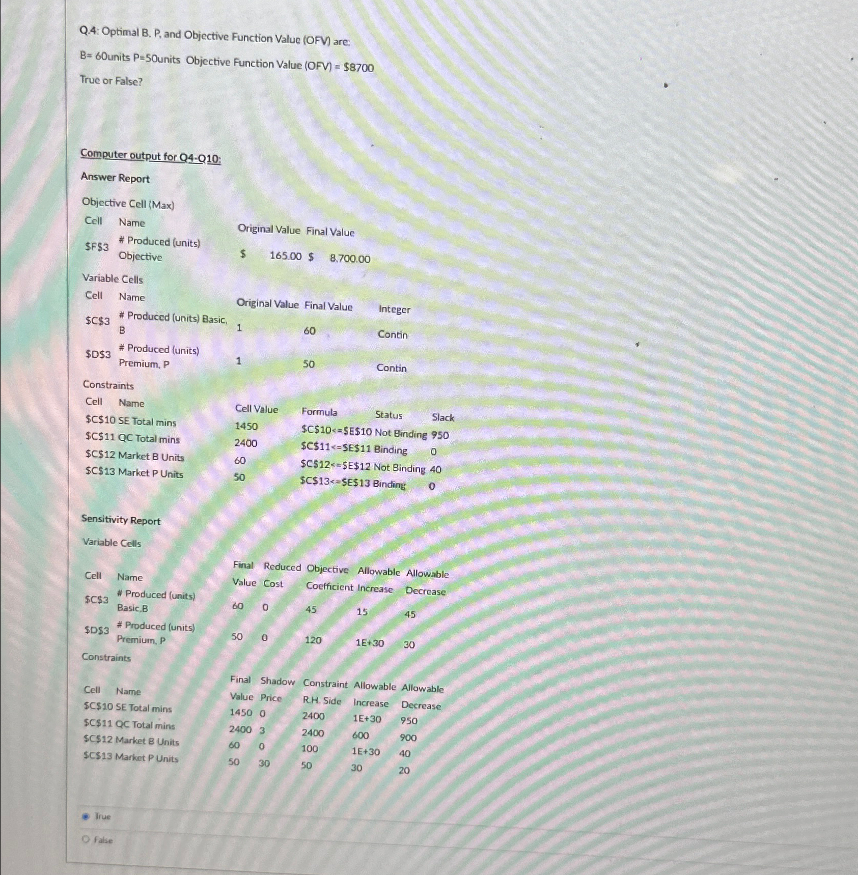  Q.4: Optimal B, P, and Objective Function Value (OFV) are: B=60