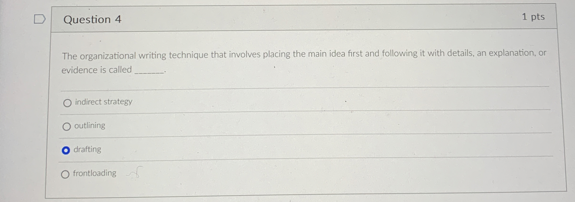  Question 4 1 pts The organizational writing technique that involves placing