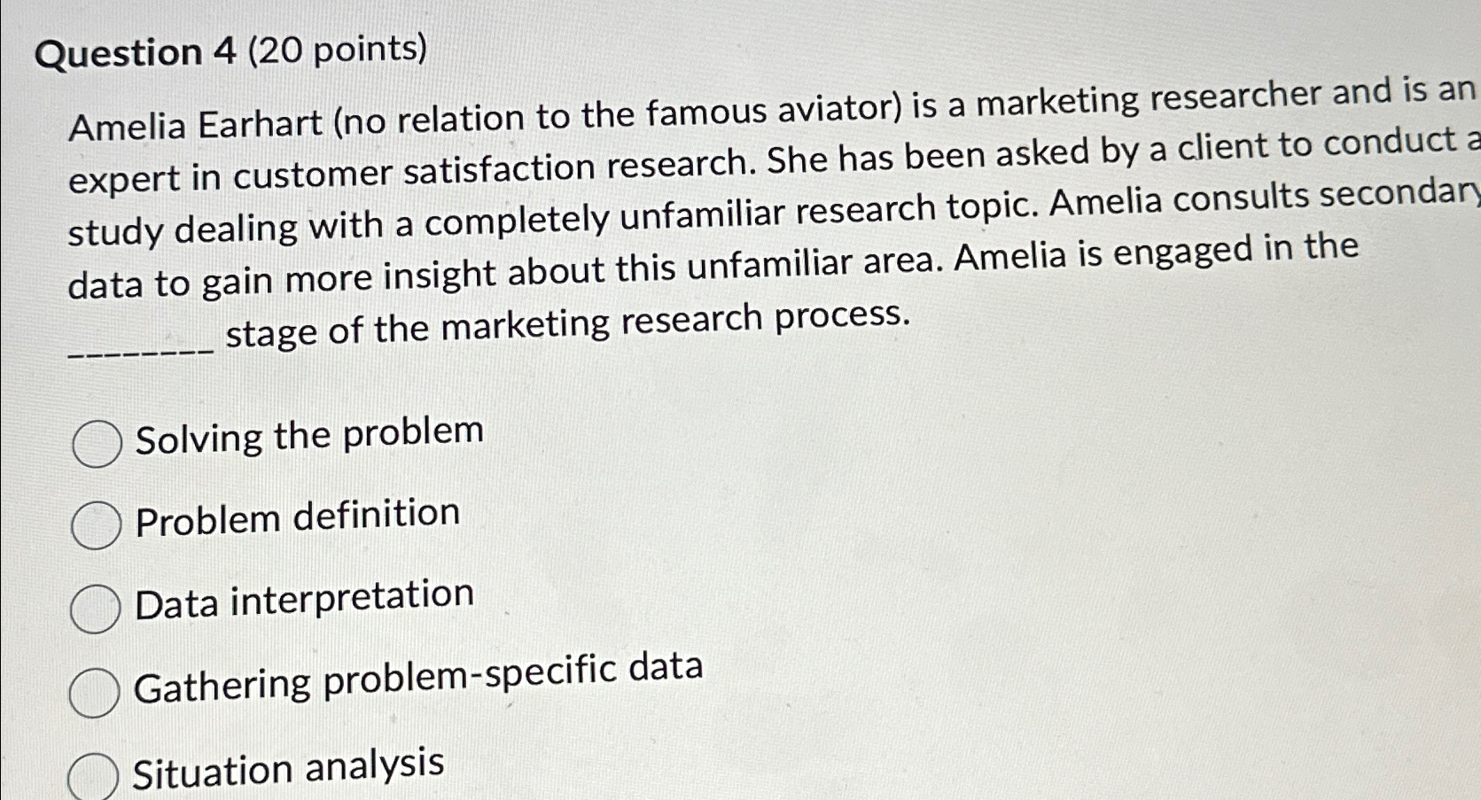  Question 4(20 points) Amelia Earhart (no relation to the famous aviator)