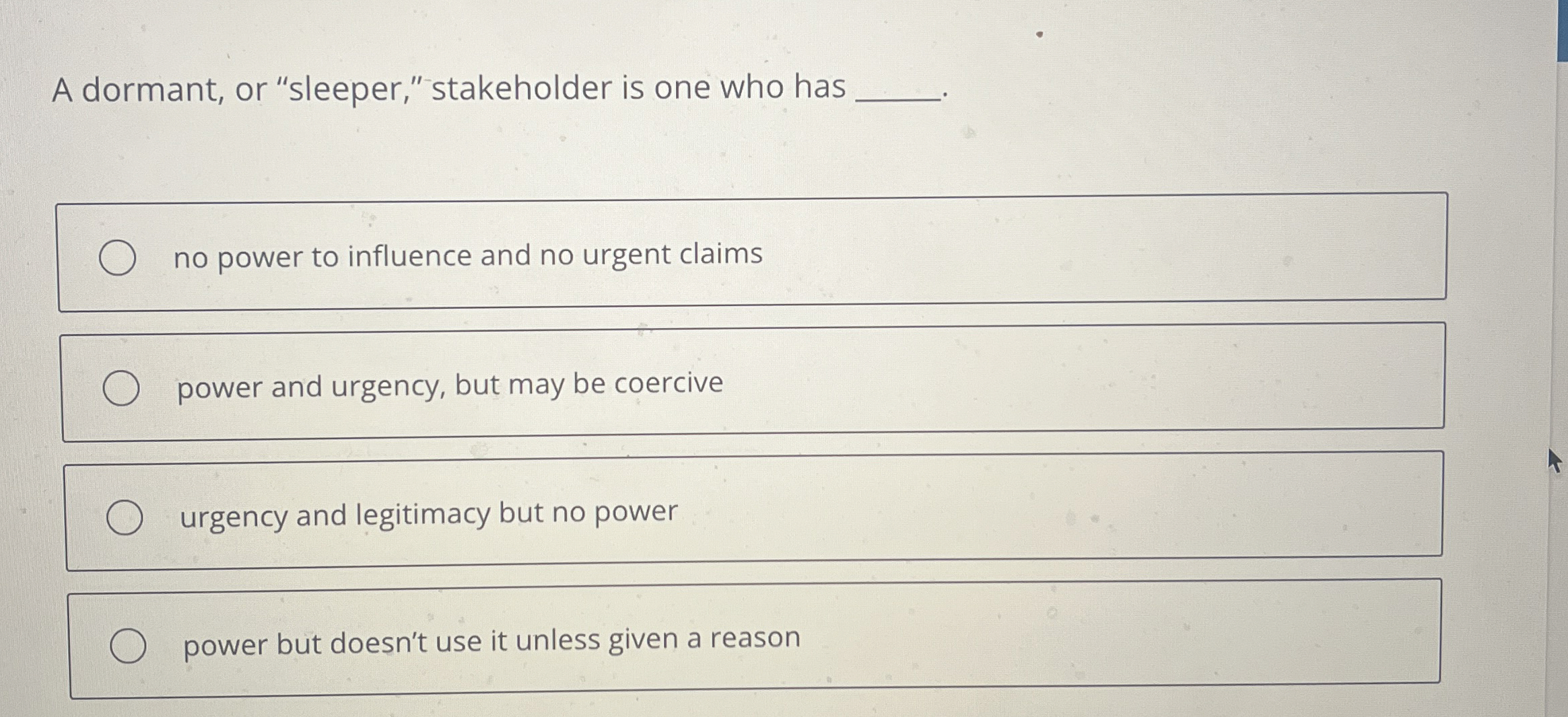  A dormant, or "sleeper," stakeholder is one who has no power