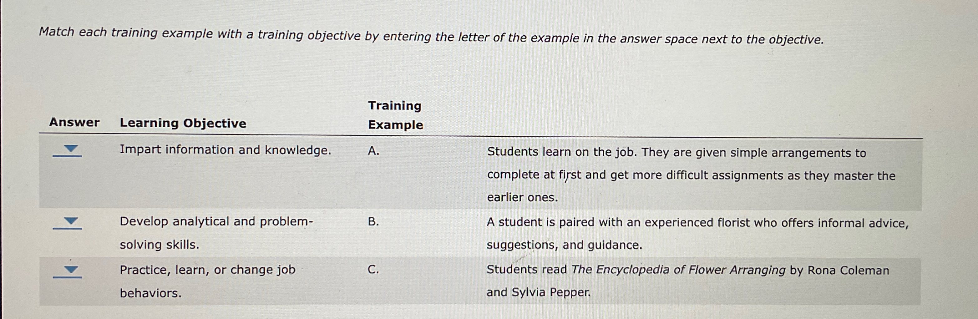  Match each training example with a training objective by entering the