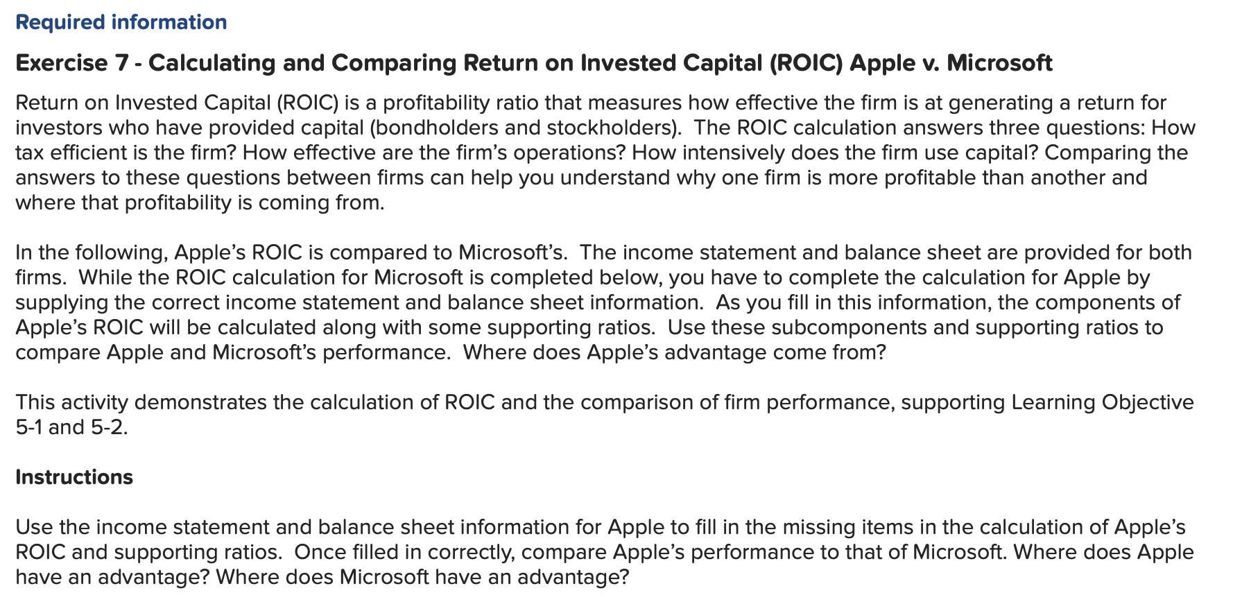  Required information Exercise 7- Calculating and Comparing Return on Invested Capital