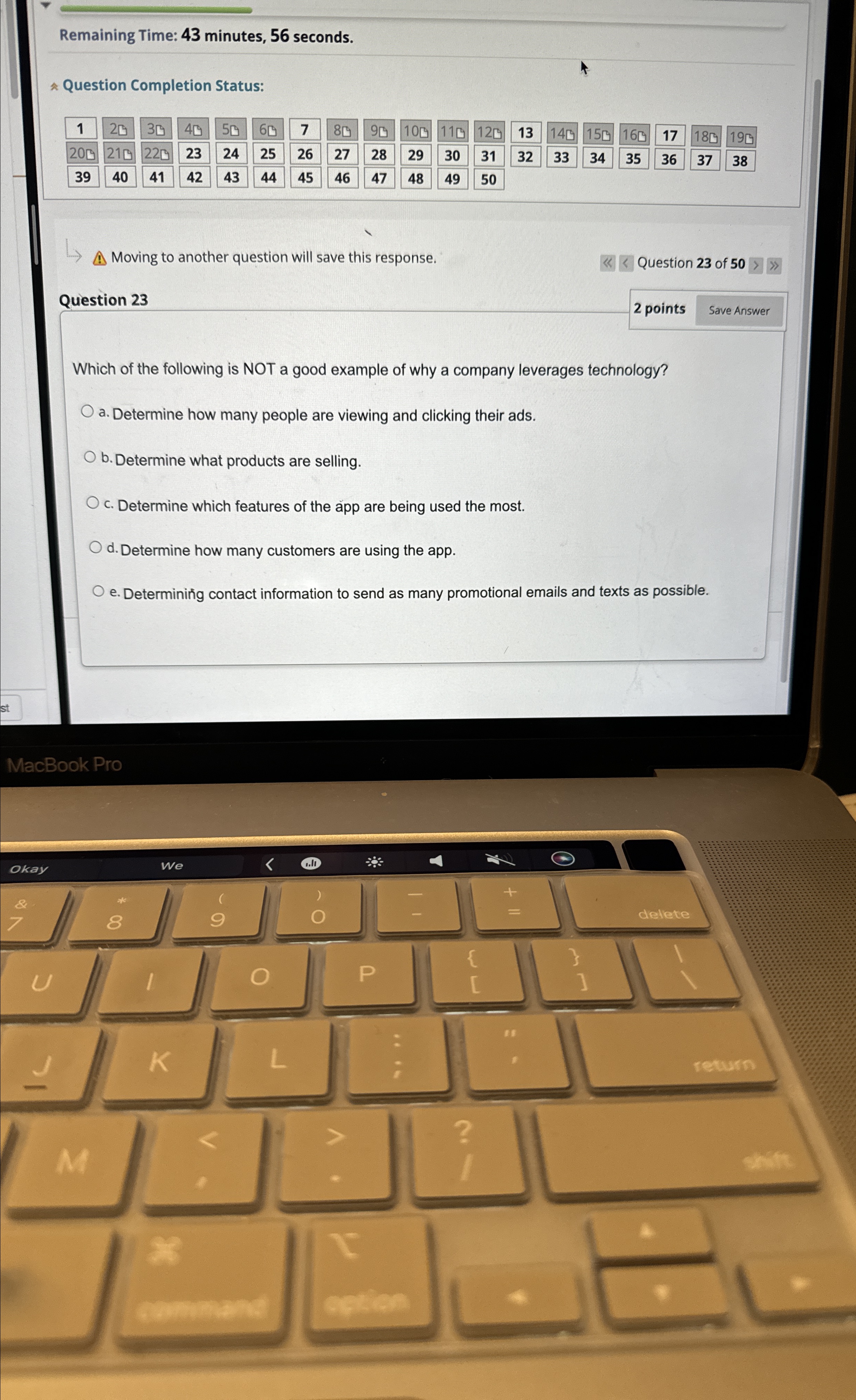  Remaining Time: 43 minutes, 56 seconds. A Question Completion Status: 1