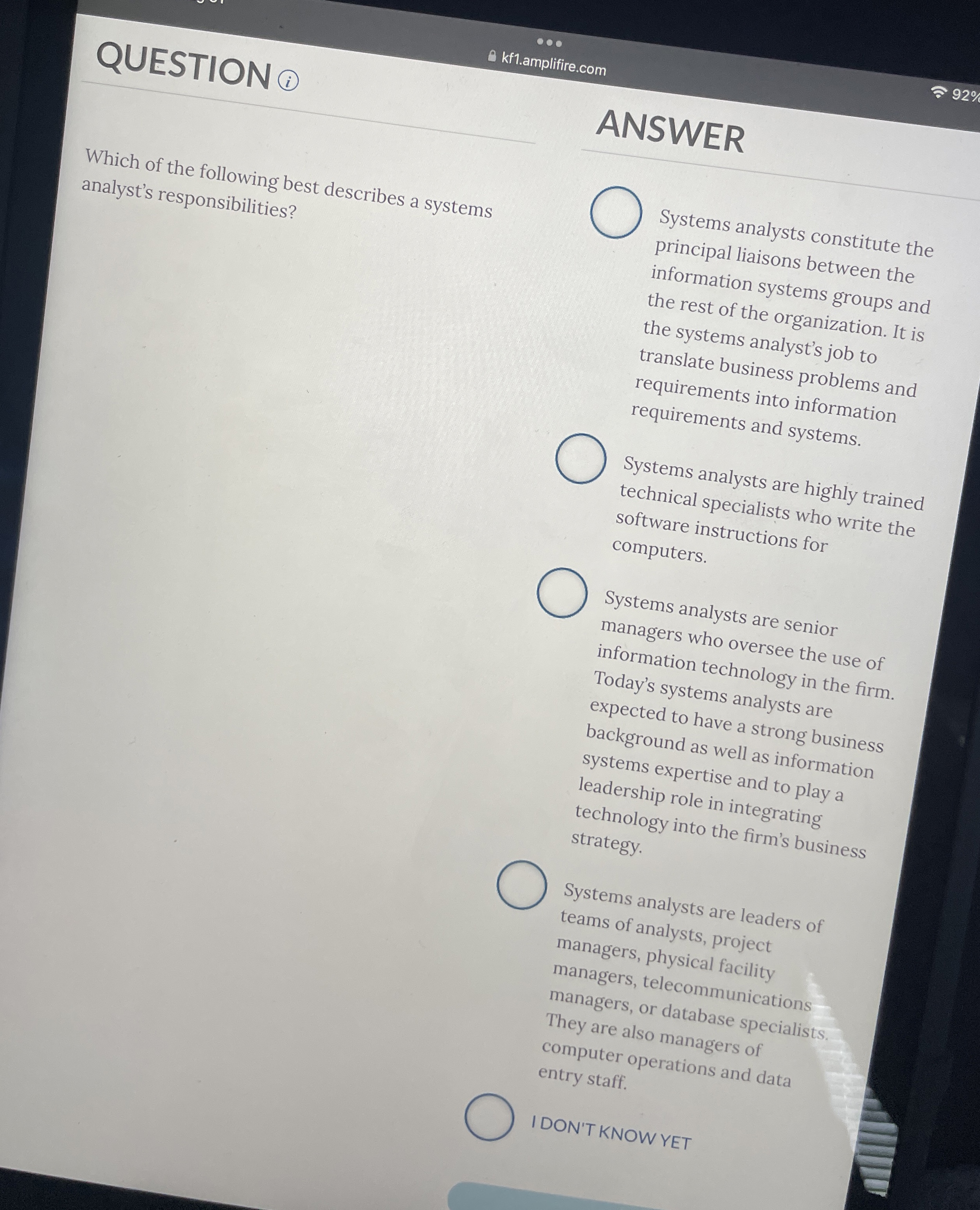  QUESTION (i) kf1.amplifire.com 92% Which of the following best describes a