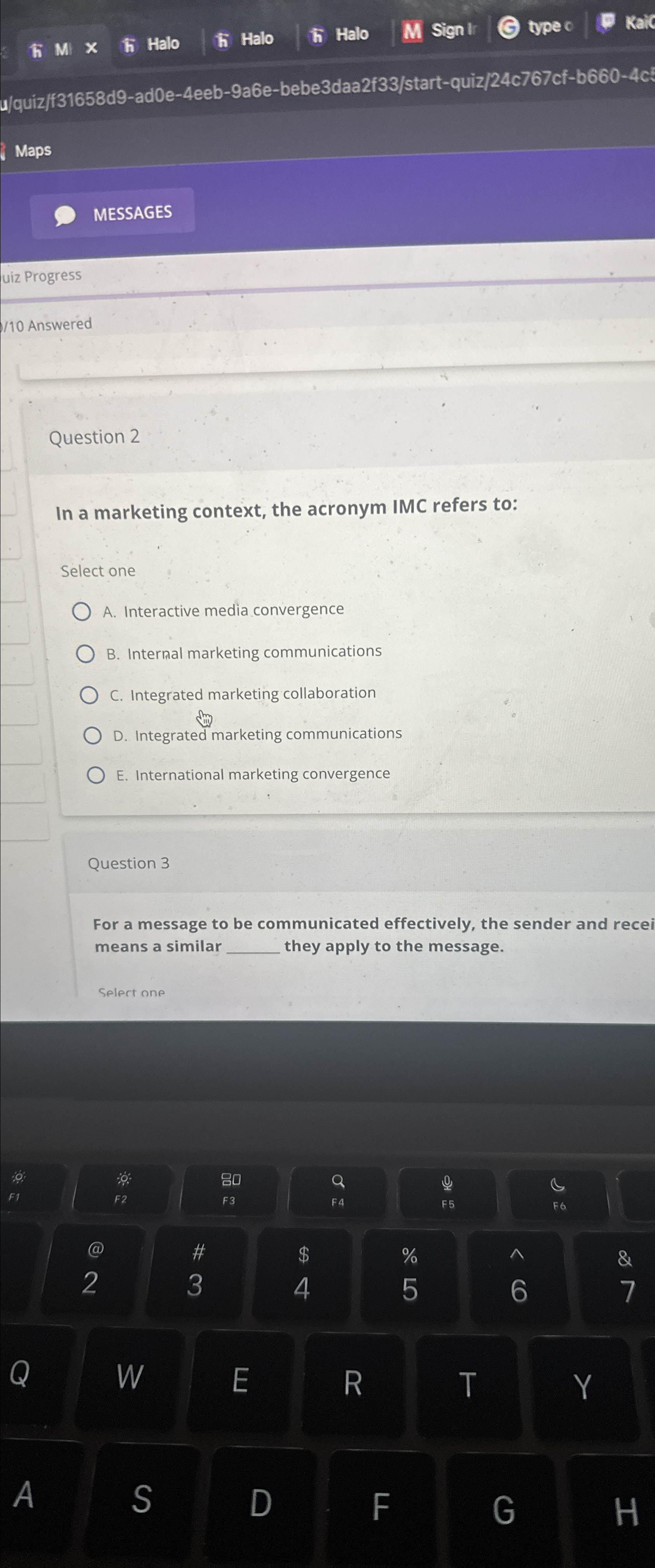  Maps MESSAGES uiz Progress ?10 Answered Question 2 In a marketing