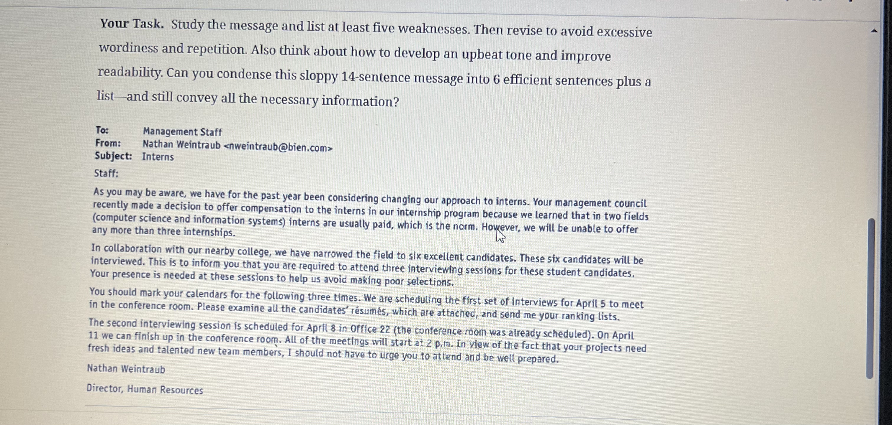  Your Task. Study the message and list at least five weaknesses.