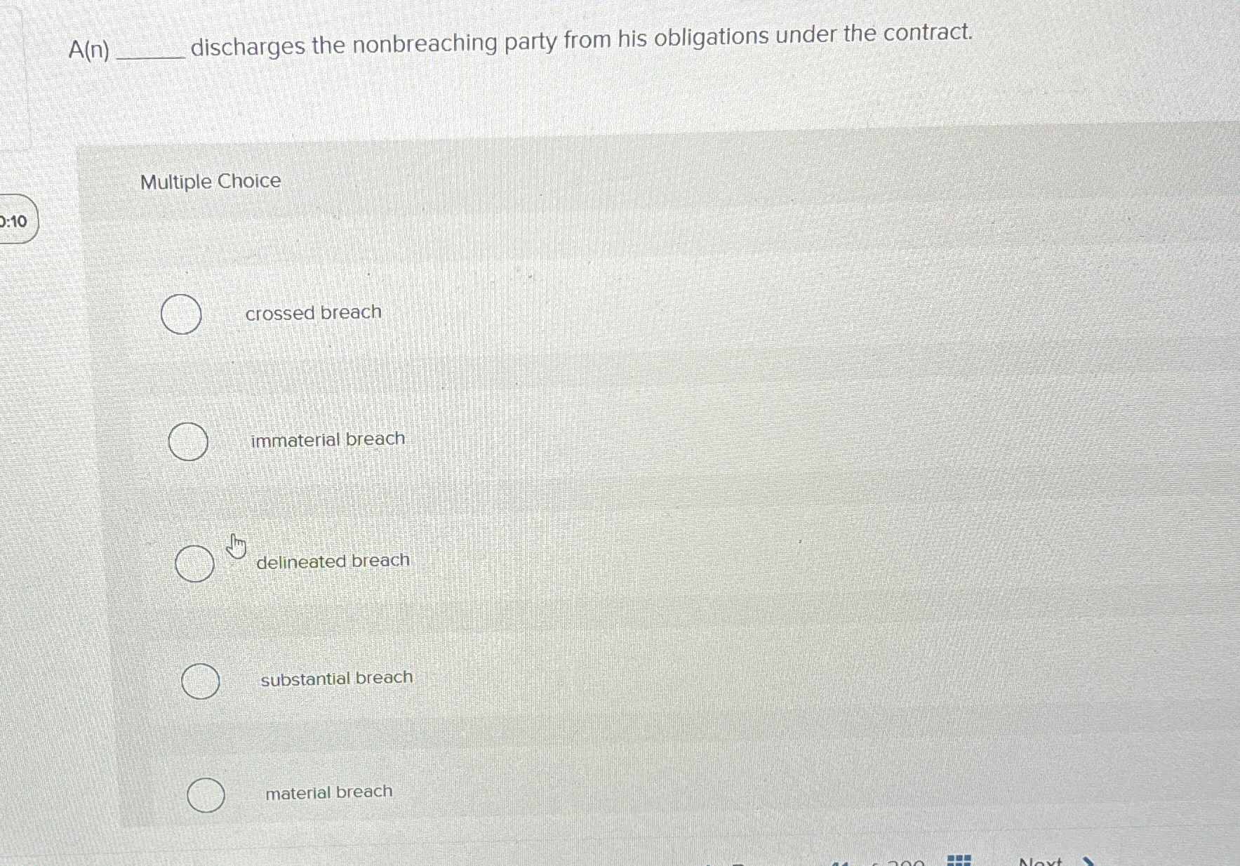  A(n) discharges the nonbreaching party from his obligations under the contract.