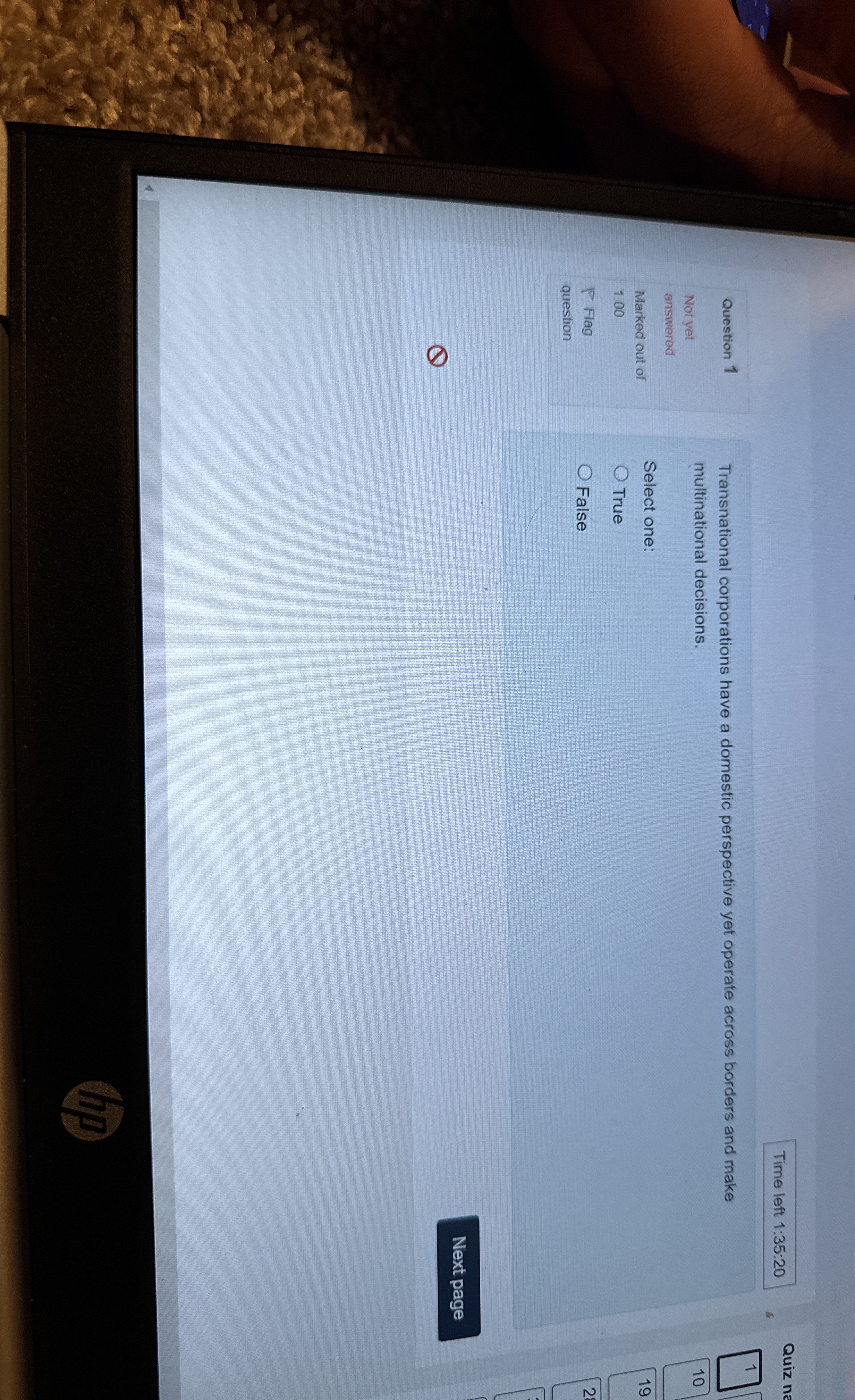  Time left 1:35:20 Question 1 Not yet answered Marked out of