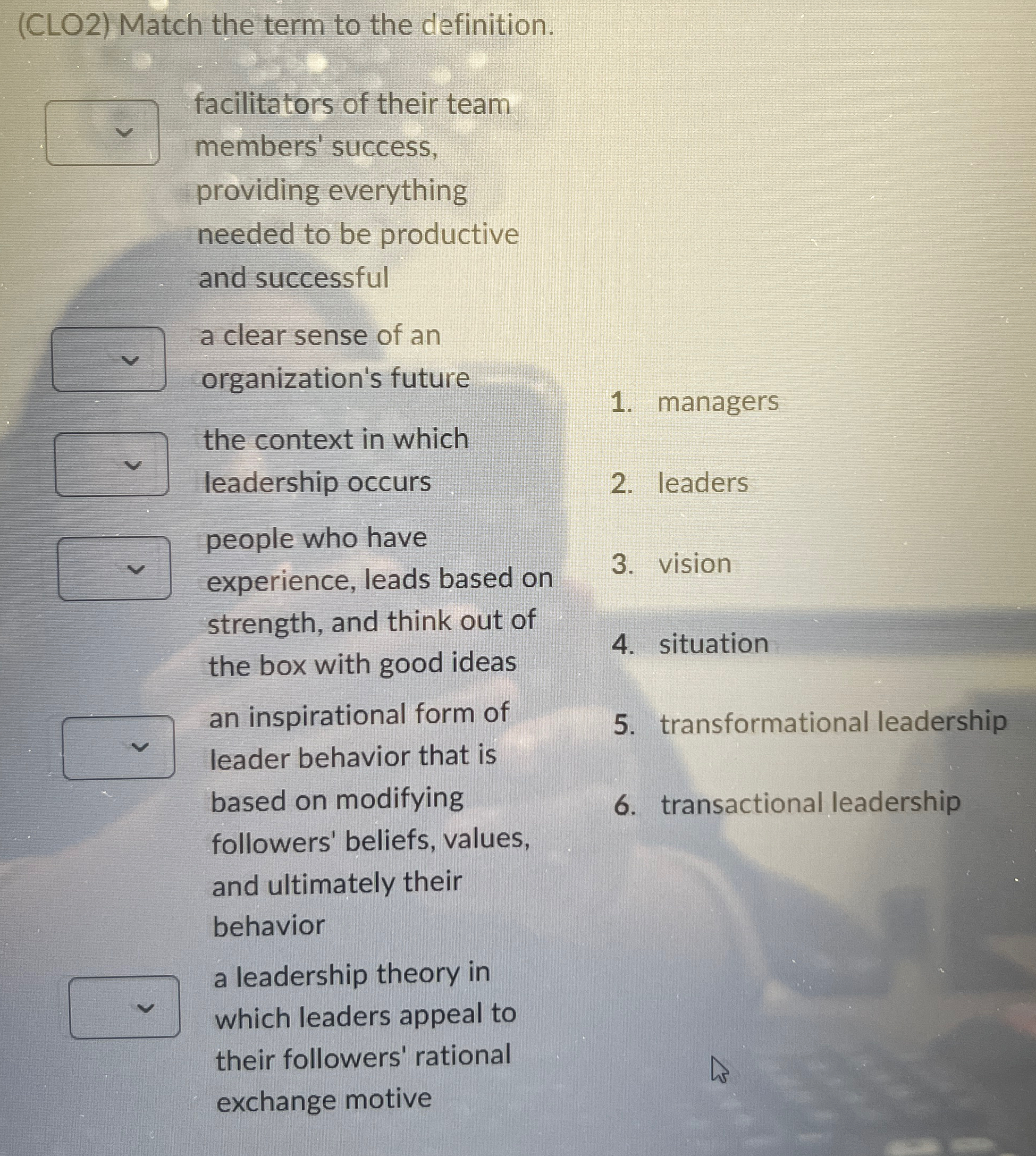  (CLO2) Match the term to the definition. facilitators of their team