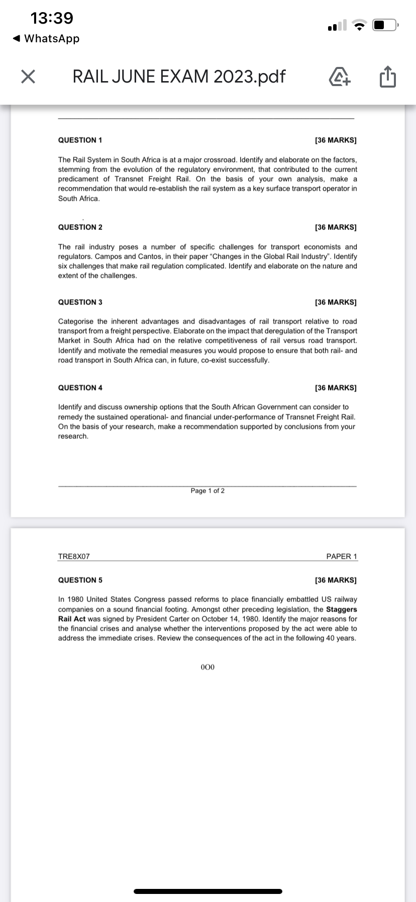  QUESTION 1 [36 MARKS] The Rail System in South Africa is