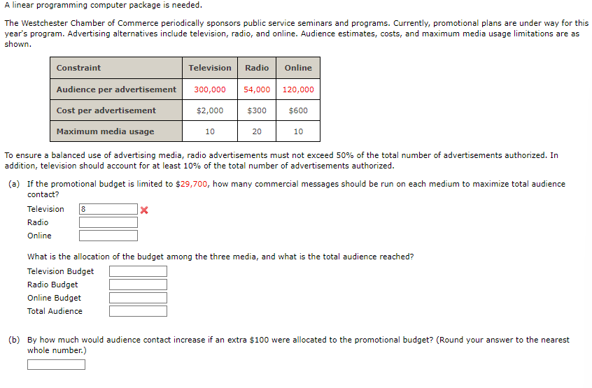  A linear programming computer package is needed. The Westchester Chamber of
