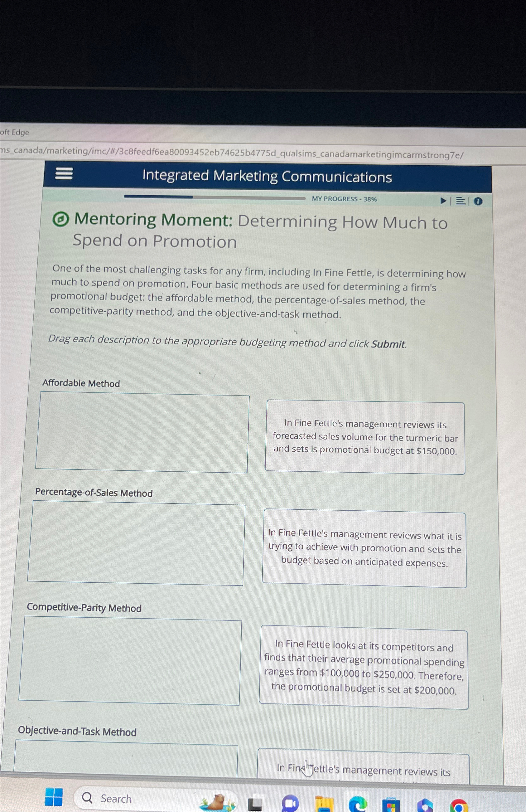  Integrated Marketing Communications MY PROGRESS -38% (a) Mentoring Moment: Determining How