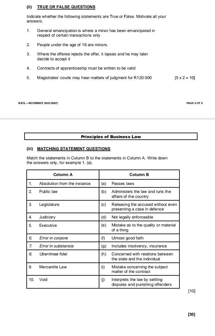 (ii) TRUE OR FALSE QUESTIONS Indicate whether the following statements are