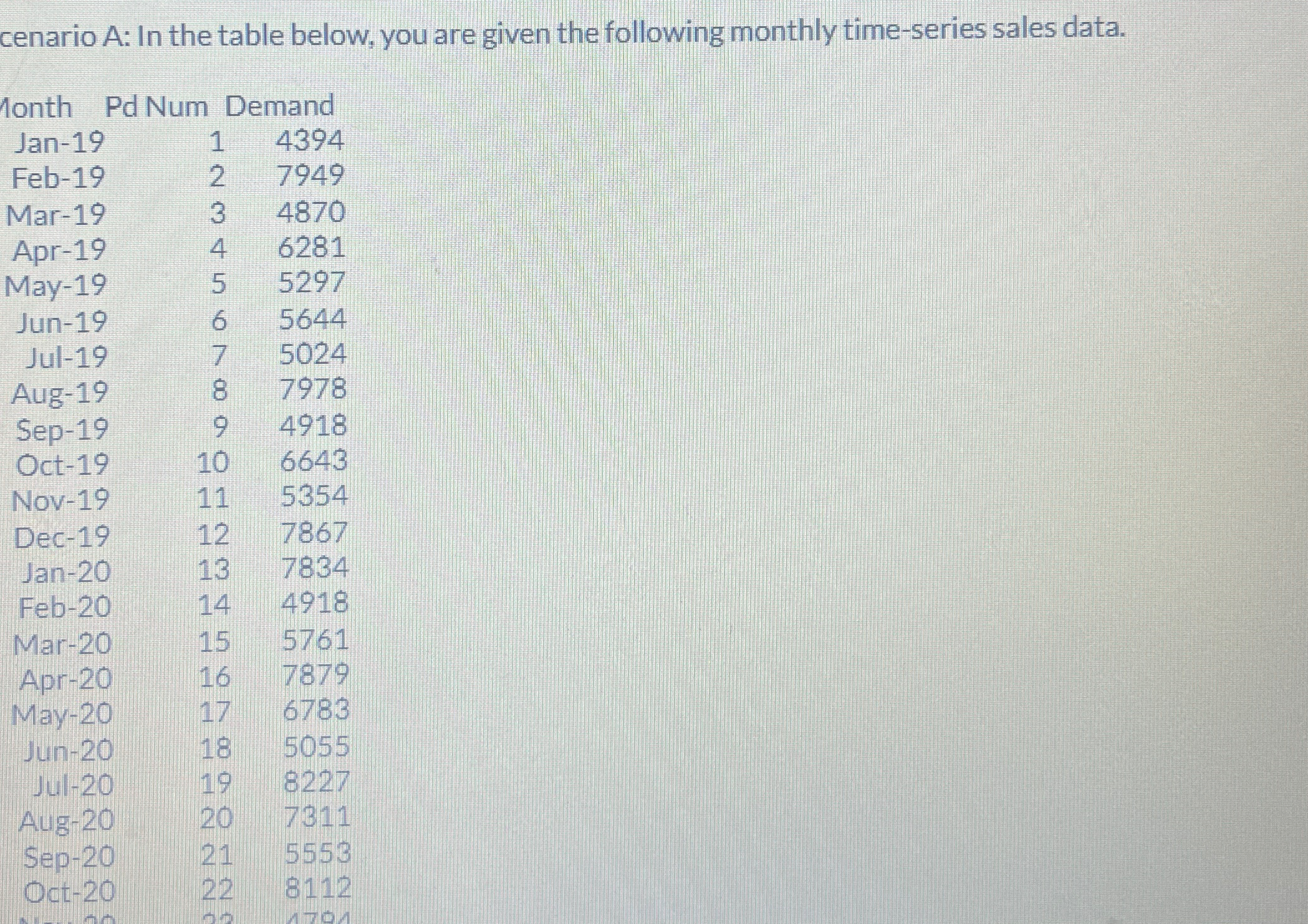  cenario A: In the table below, you are given the following