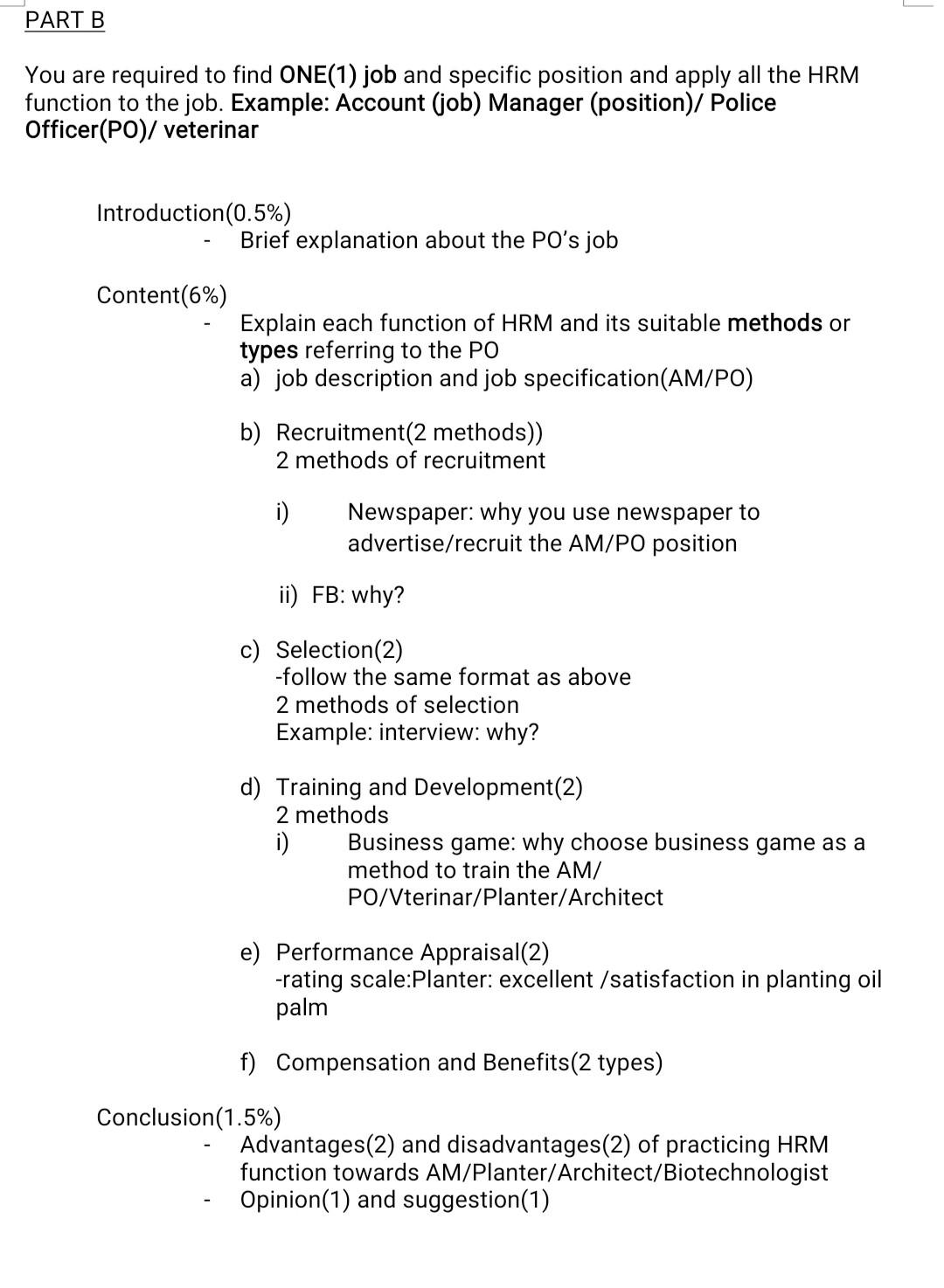 RESOURCE FUNCTIONS)(6 functions) ART A ormat Introduction Content(5\%) Brief explanation of HRM