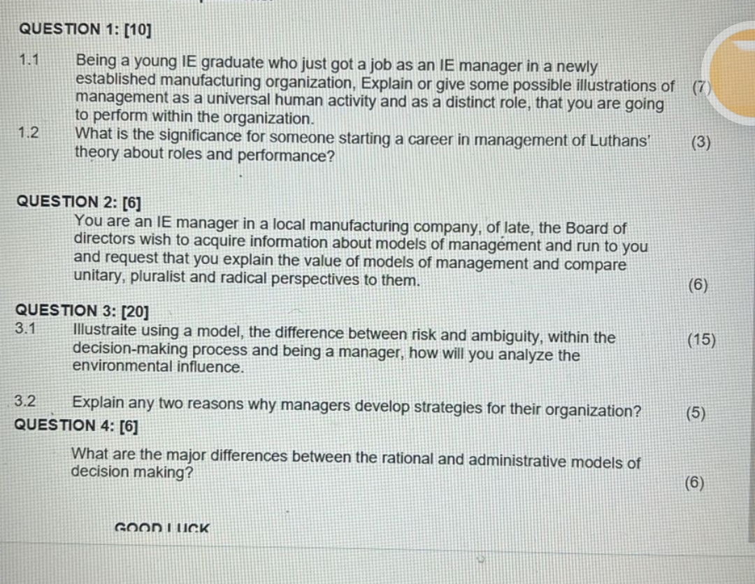  QUESTION 1: [10] 1.1 Being a young IE graduate who just