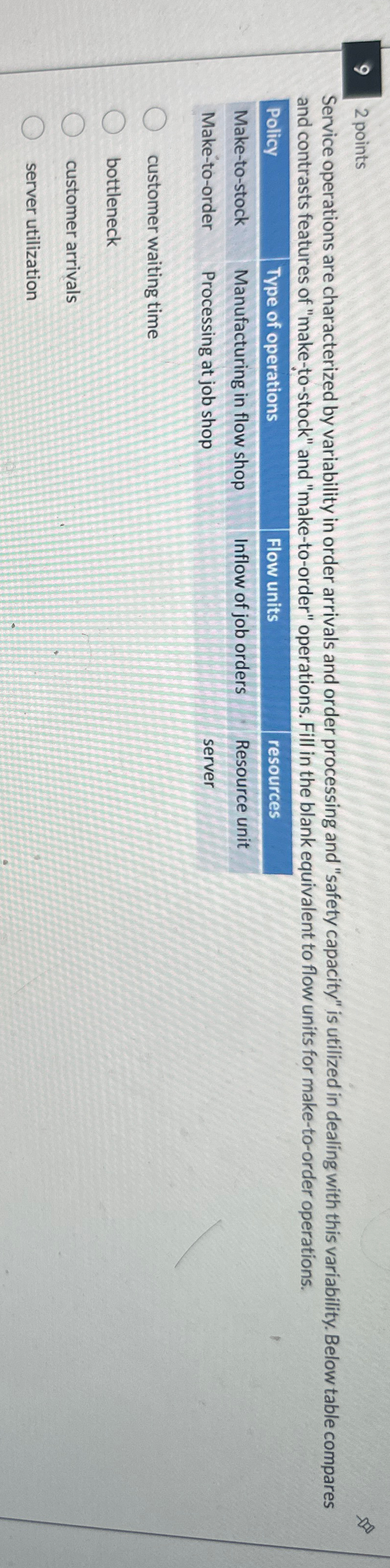  2 points Service operations are characterized by variability in order arrivals