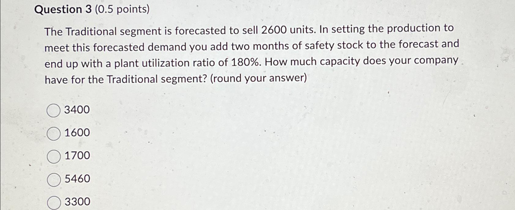  Question 3(0.5 points) The Traditional segment is forecasted to sell 2600