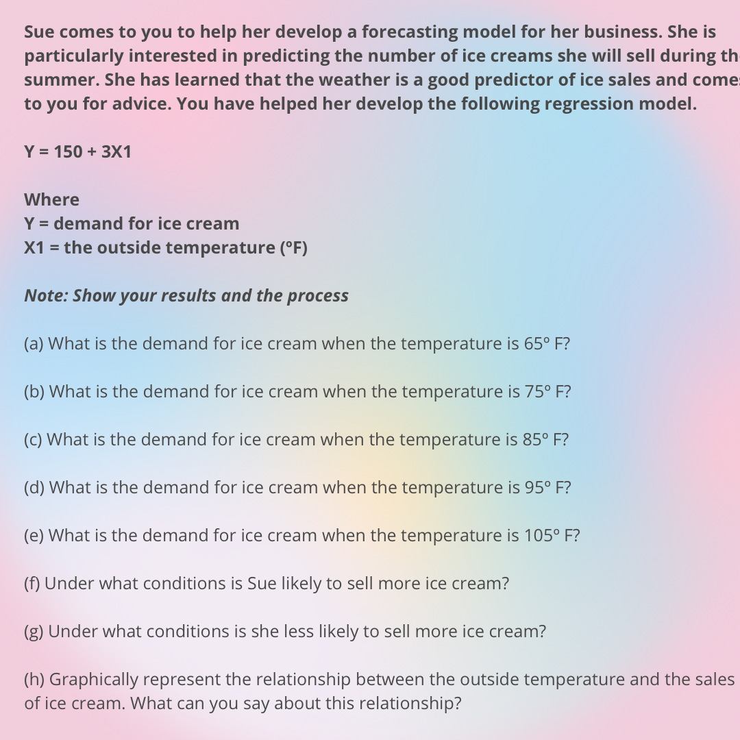  Sue comes to you to help her develop a forecasting model