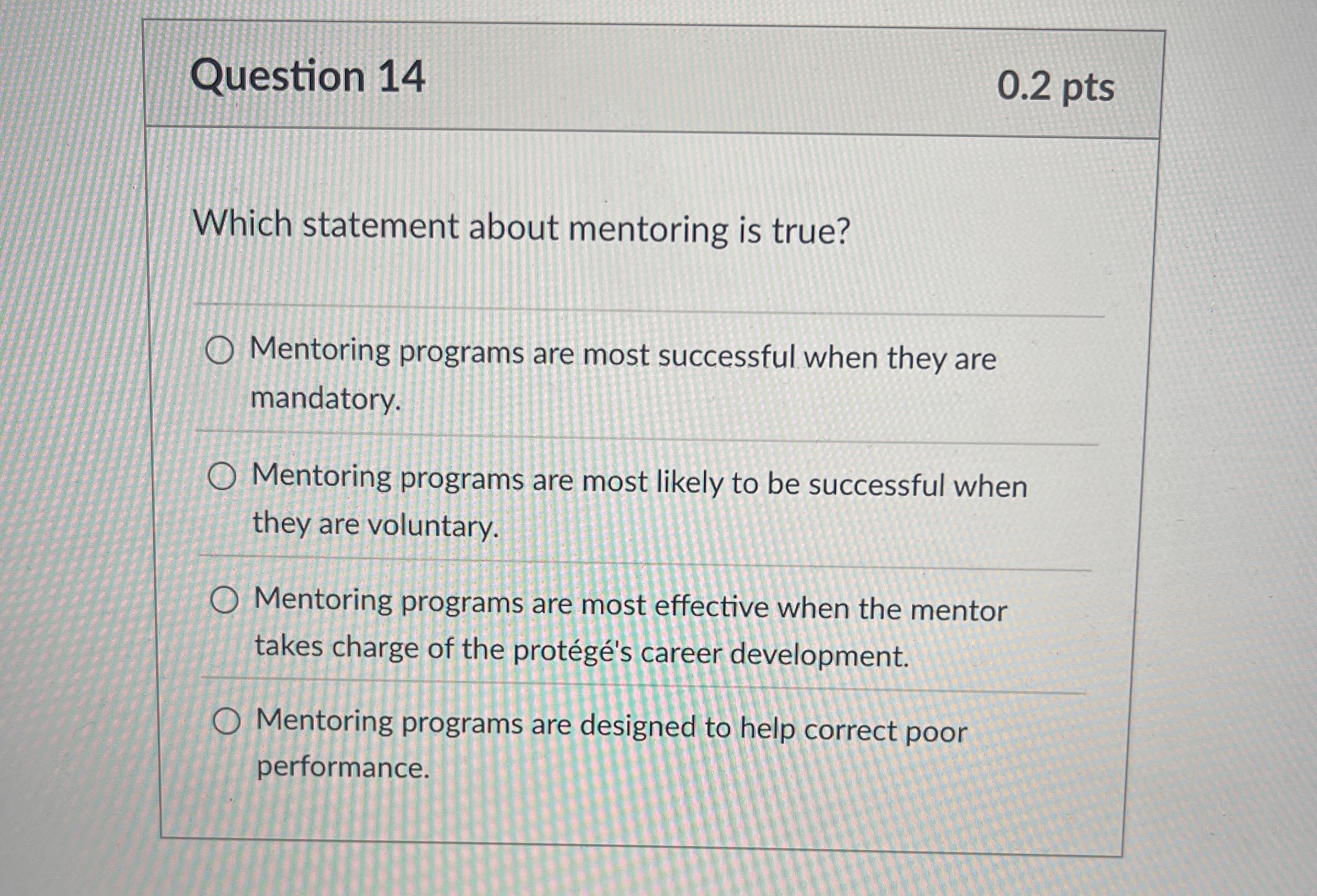  Question 14 0.2 pts Which statement about mentoring is true? Mentoring