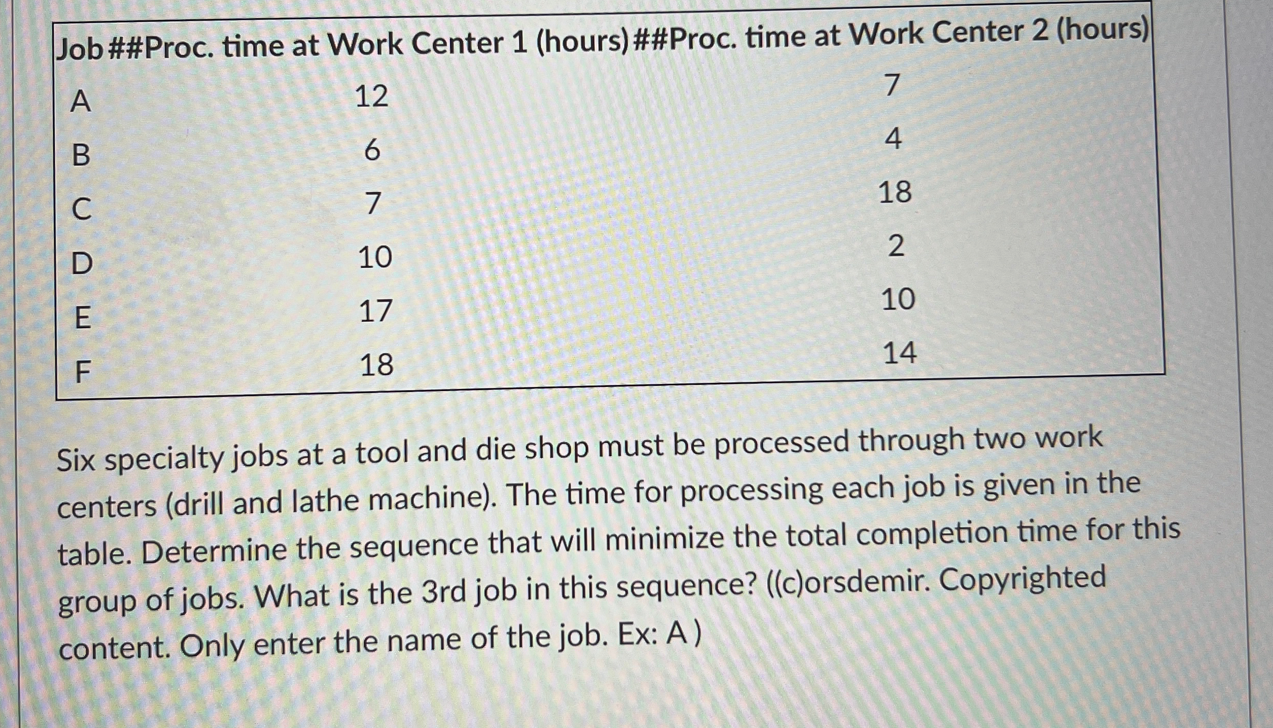  Job##Proc. time at Work Center 1(hours)##Proc. time at Work Center 2(hours)