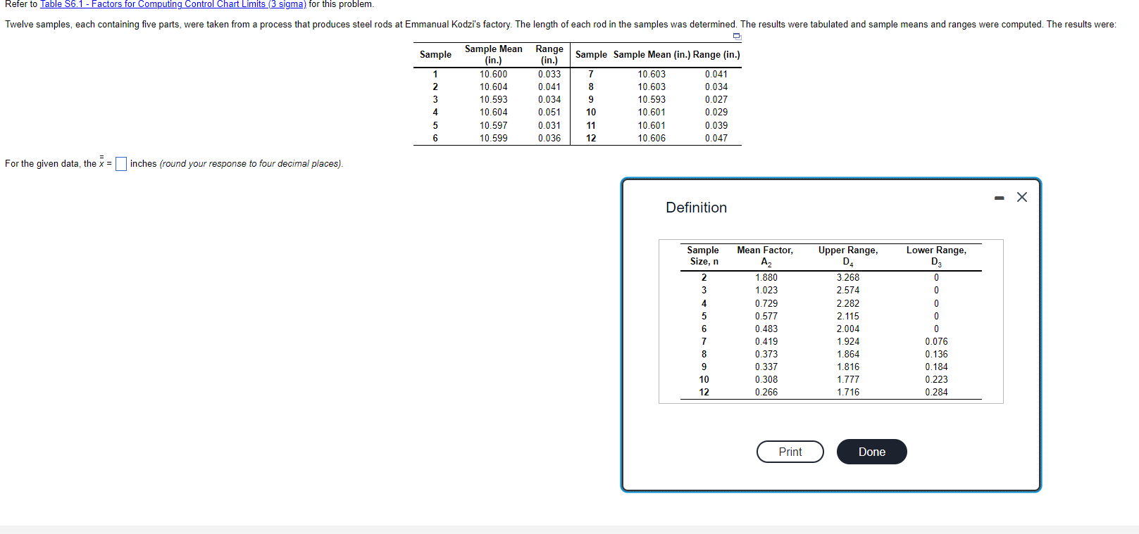  Additional Questions: For the given sample size, the Mean Factor (A2)