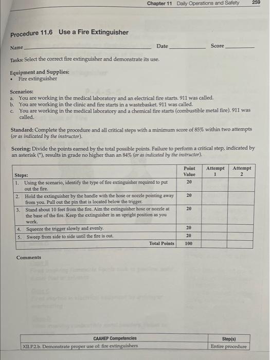  Name Date Score Tasks: Select the correct fire extinguisher and demonstrate