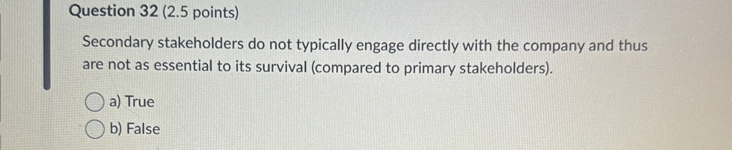  Question 32(2.5 points) Secondary stakeholders do not typically engage directly with