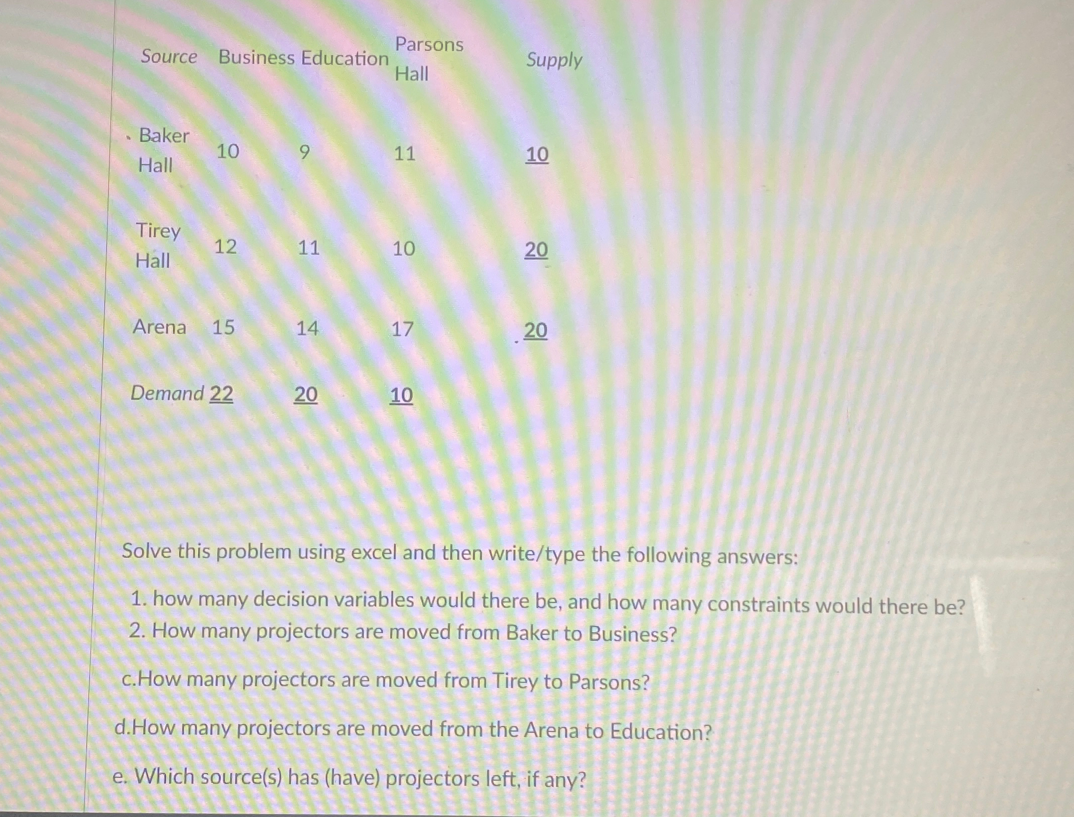  Solve this problem using excel and then write/type the following answers: