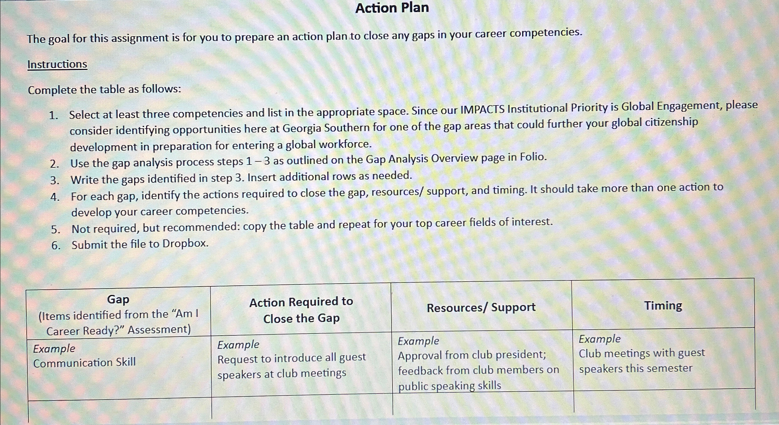  Action Plan The goal for this assignment is for you to